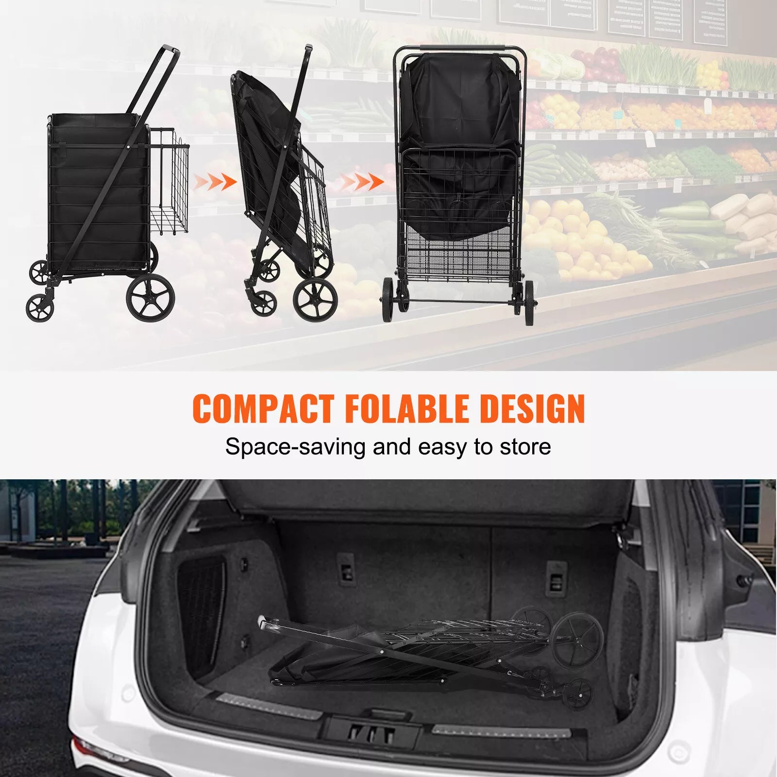 Folding Shopping Cart with Double Baskets 330 lbs Heavy Duty