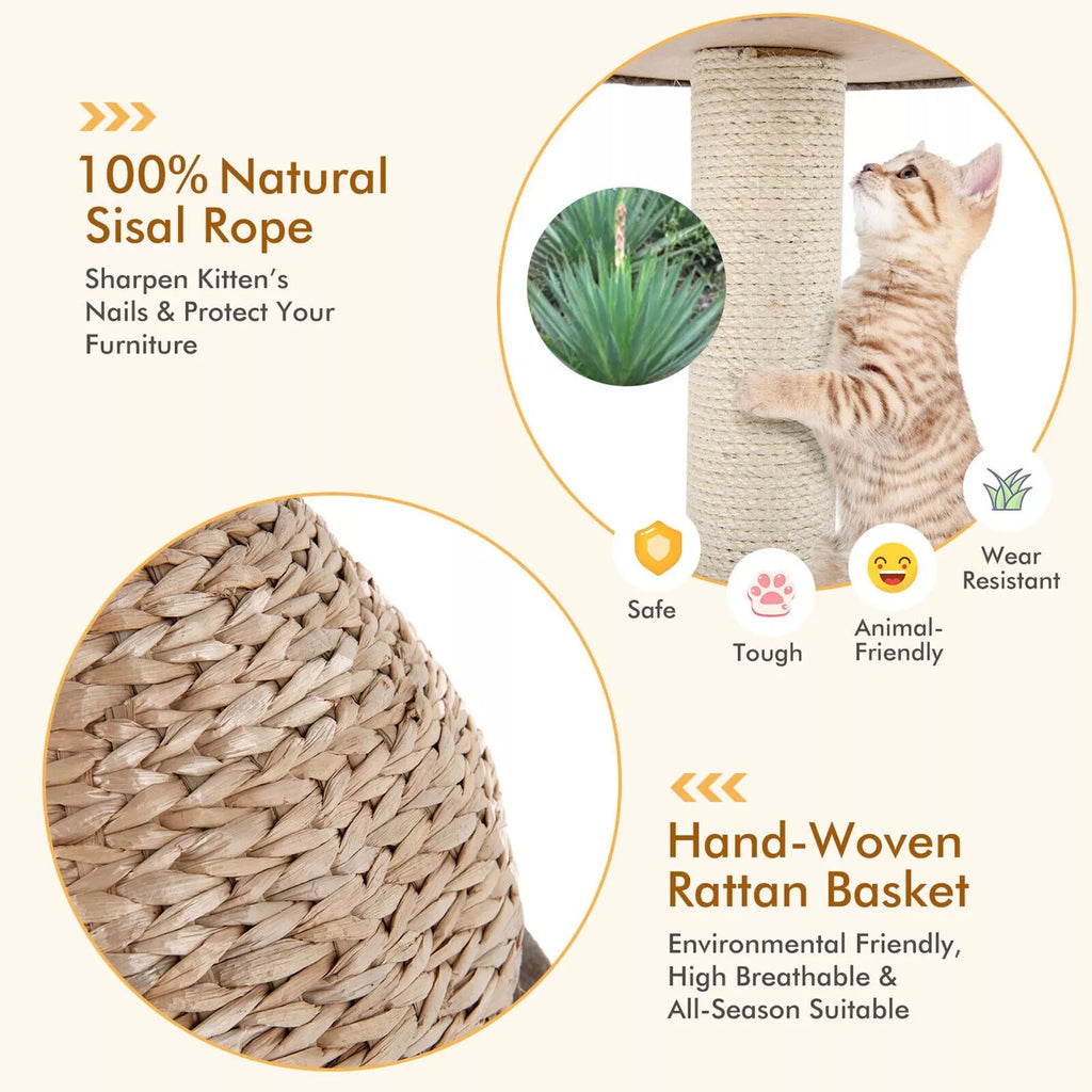 28" Cat Tree Tower Handcrafted with Natural Perch & Scratcher