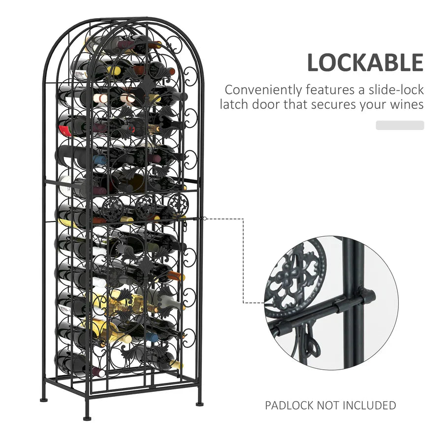 45-Bottle Wrought Iron Wine Rack Jail with Lockable Door Scroll Design