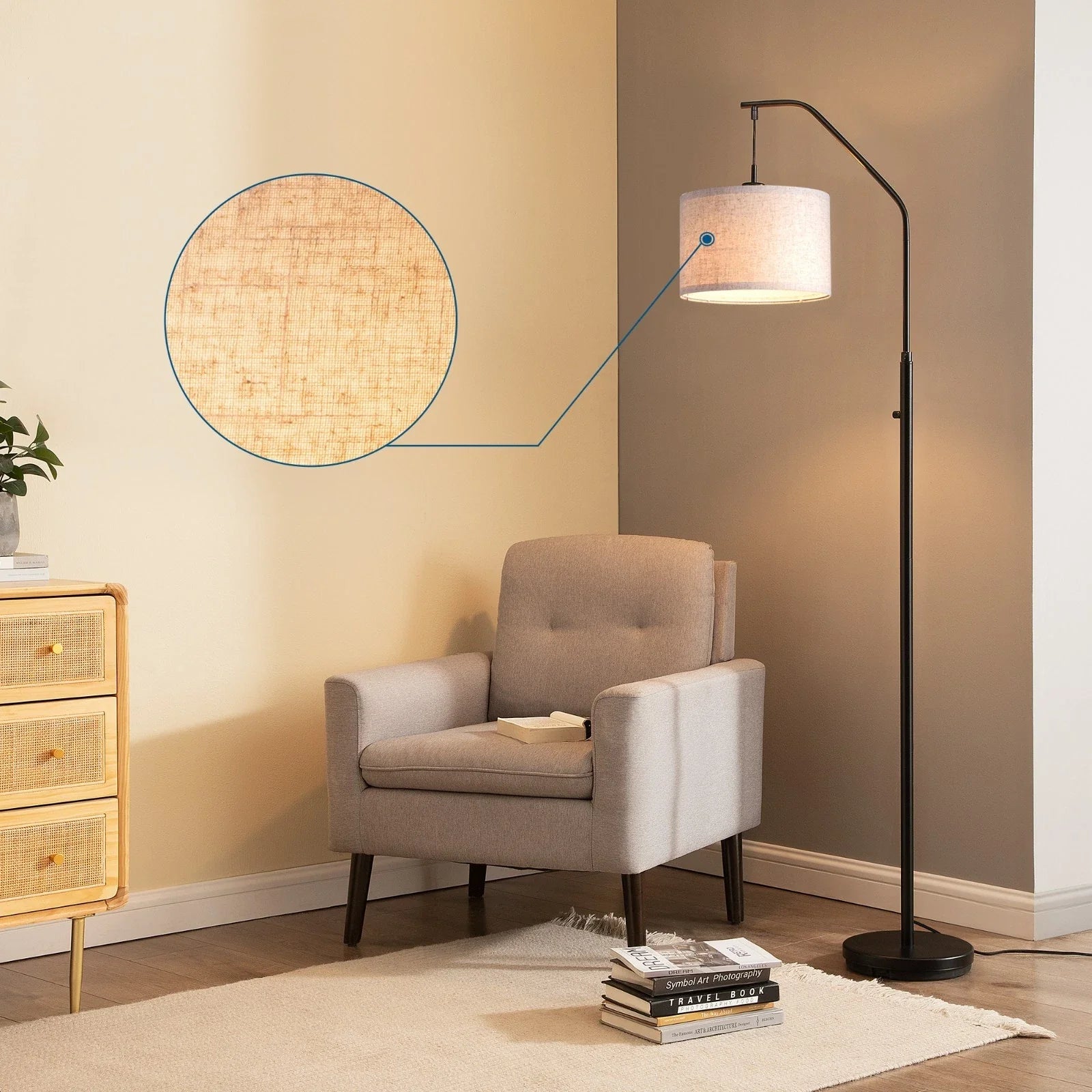Arched Floor Lamp with Dimmable LED, Hanging Drum Shade, Black Kit LED