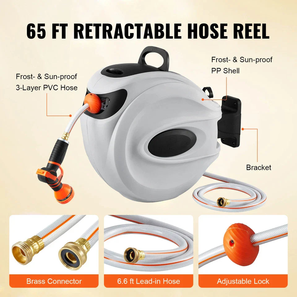 65FT Retractable Garden Hose Reel with Auto Rewind Wall Mount Nozzle