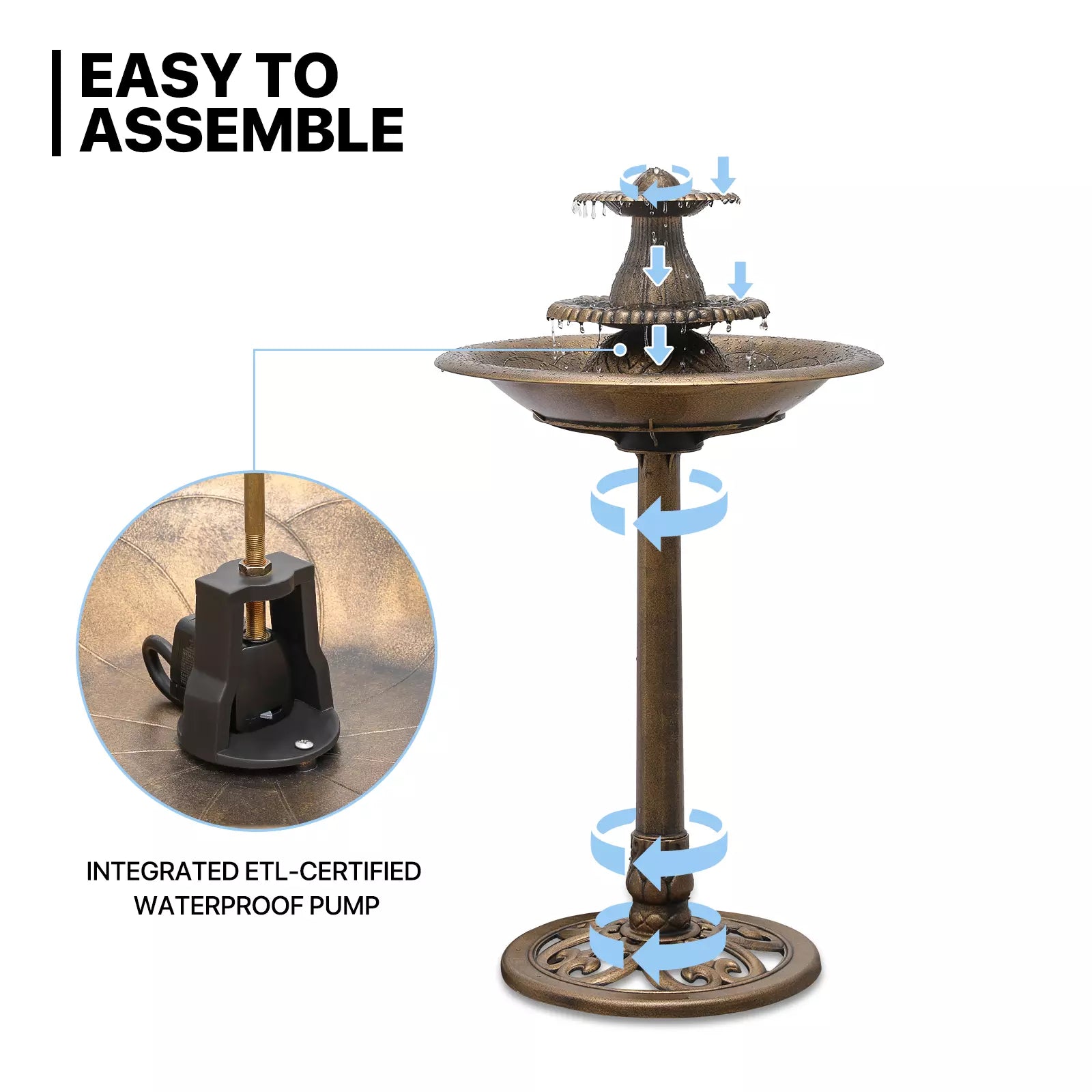 35" Bronze 3-Tier Pedestal Bird Bath Fountain with Electric Pump