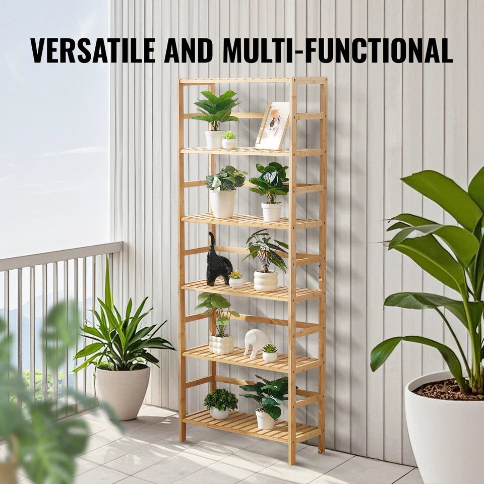 6-Tier Natural Bamboo Ladder Shelf for Books, Plants & Storage Use