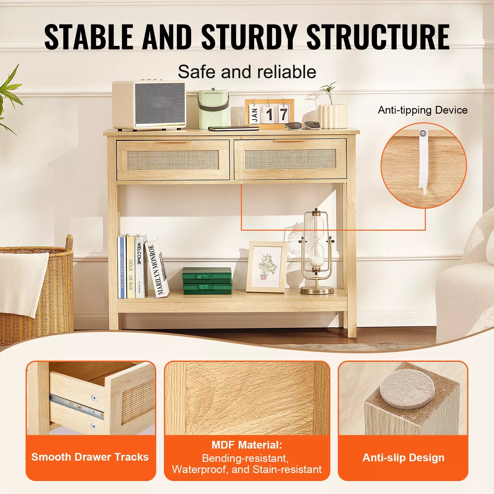 Natural Rattan Console Table Storage Drawers Sliding Door