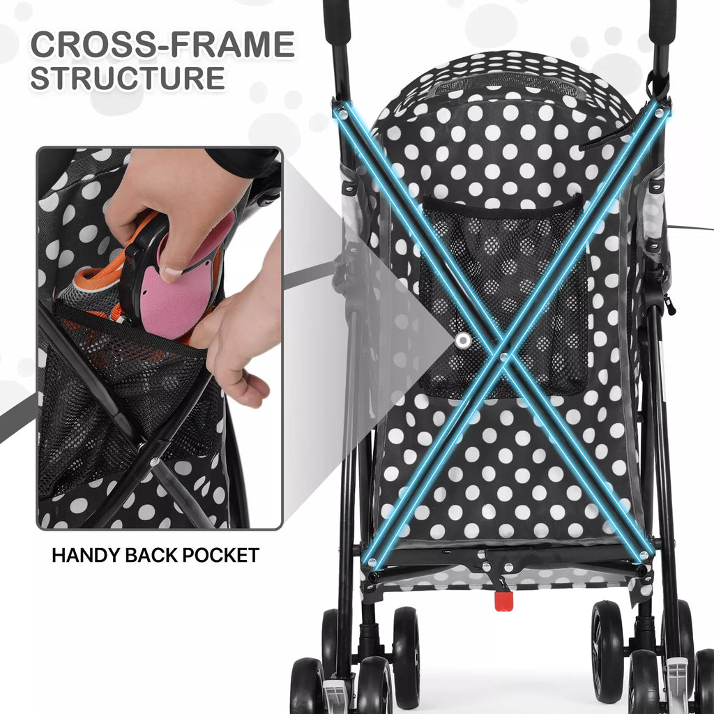 Polka Dot Foldable Pet Stroller with Mesh and Storage Basket