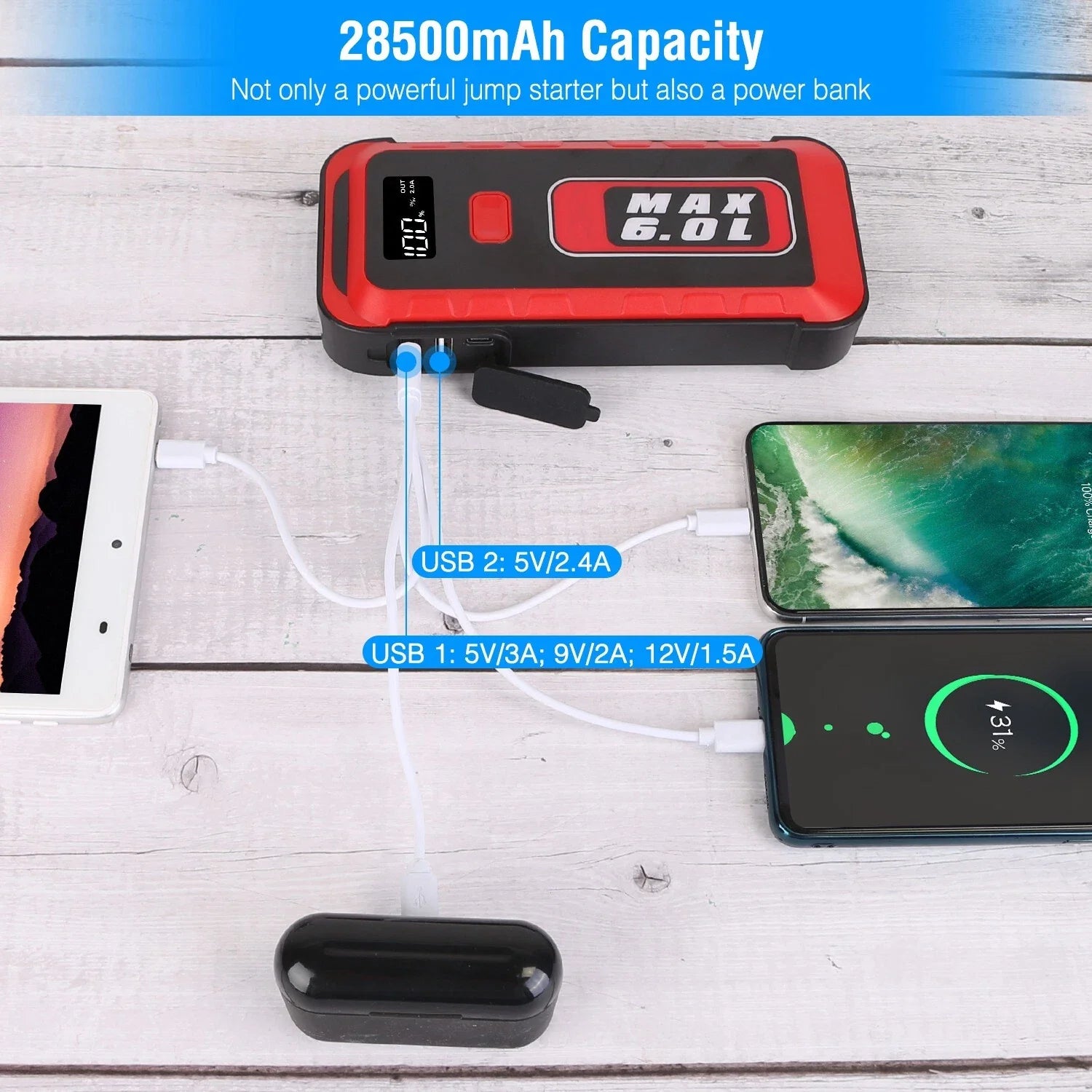 Portable 2500A Car Jump Starter 25800mAh Battery Pack USB LED Light
