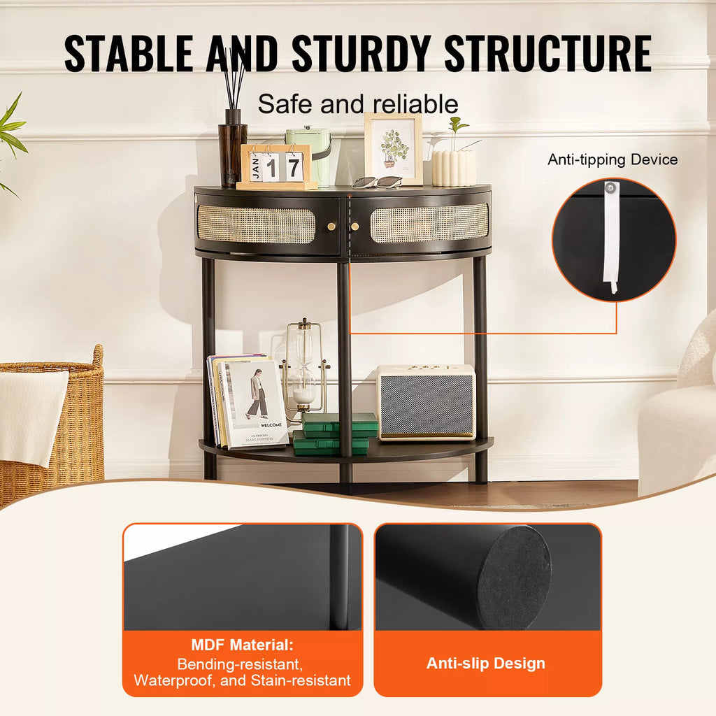 Black Half-Moon Rattan Console Table with Drawers