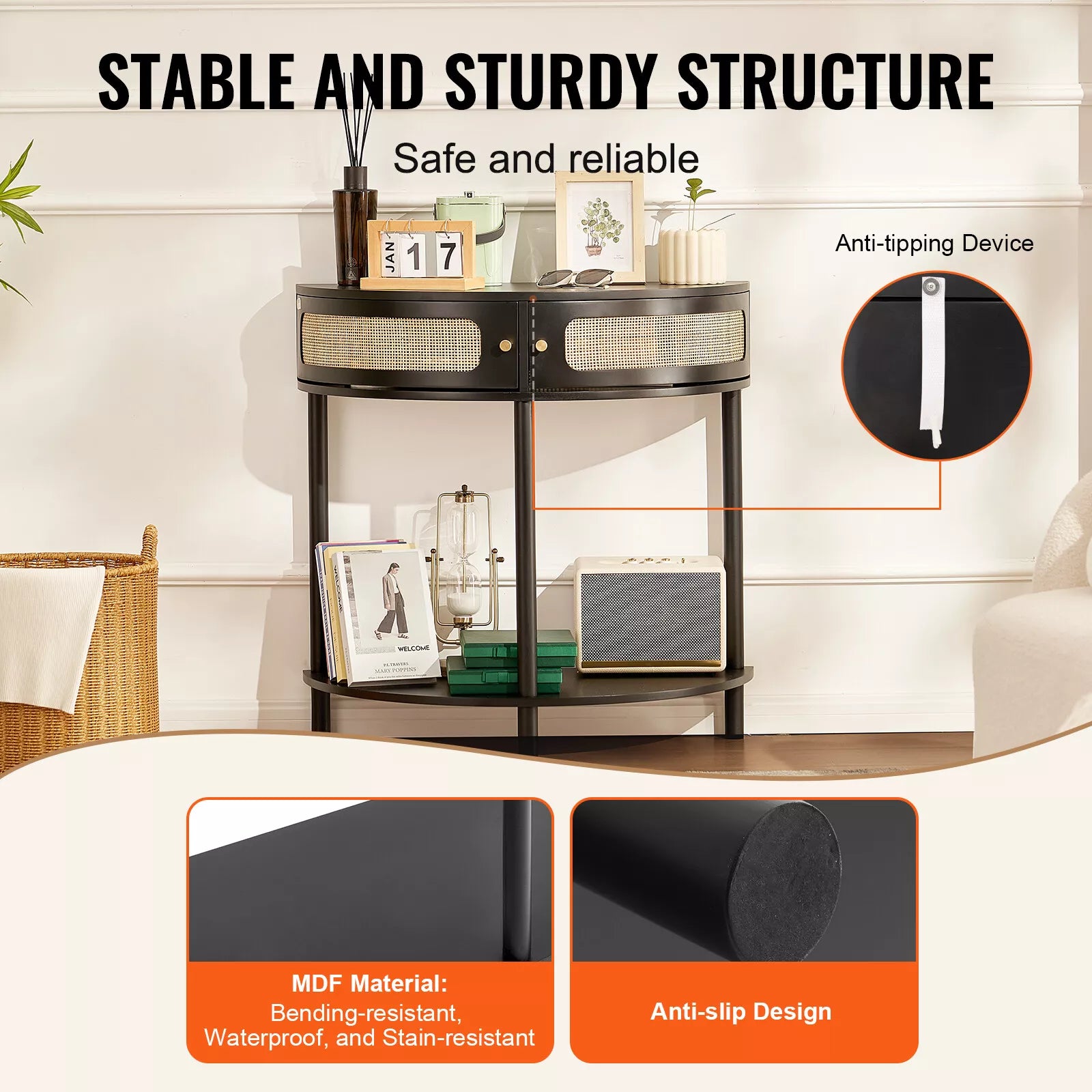 Black Half-Moon Rattan Console Table with Drawers