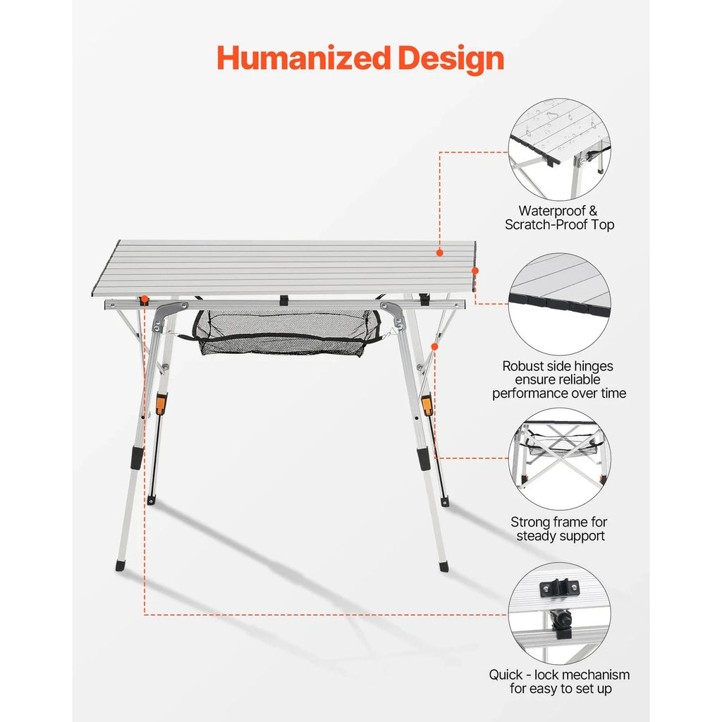 Camping Table Roll Up Top with Storage Mesh Shelf Foldable