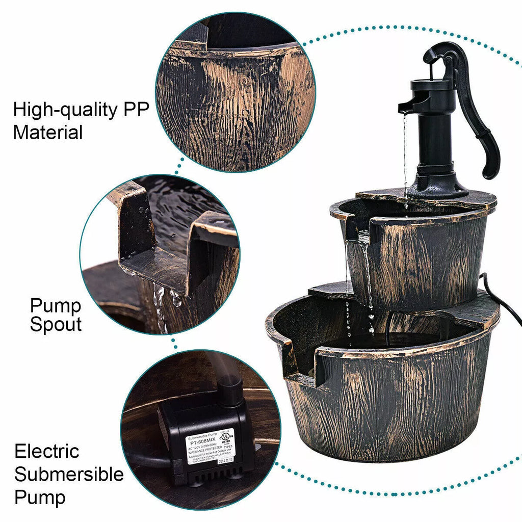 Outdoor 2-Tier Barrel Water Fountain with Pump Garden & Patio
