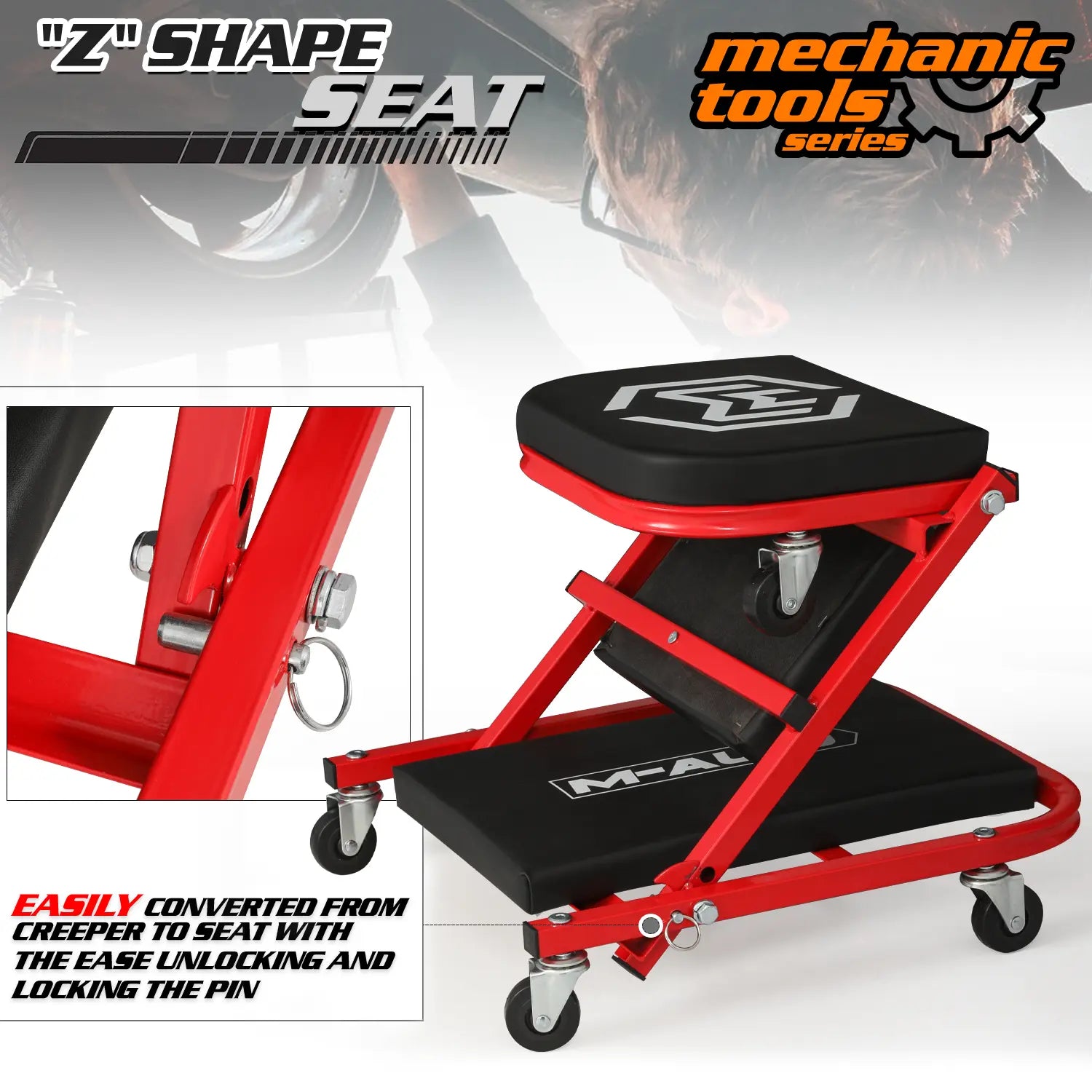 36" Red Foldable Mechanic Creeper and Upholstered Seat