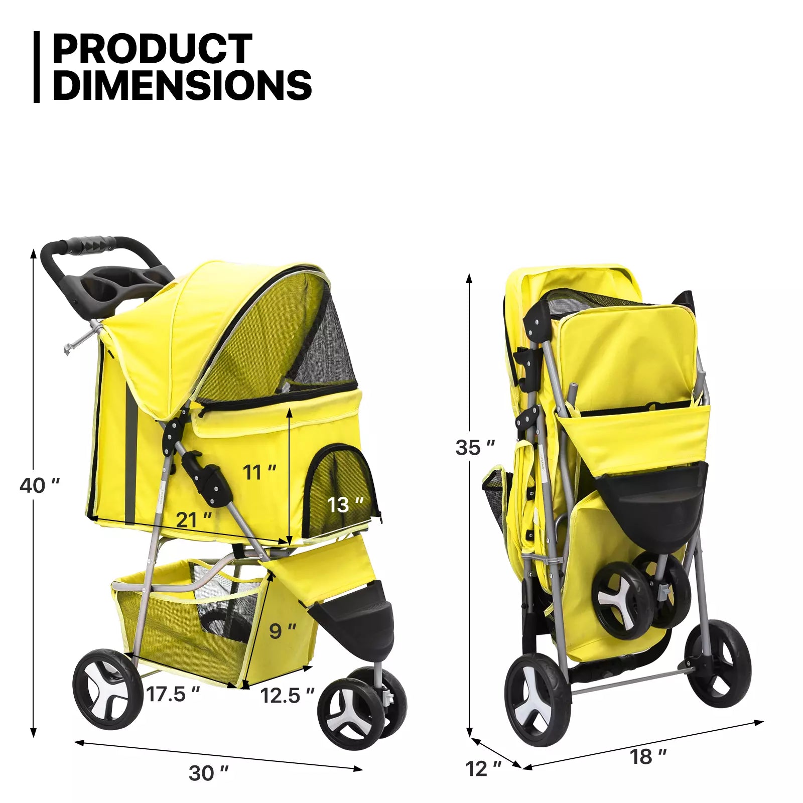 Yellow Folding Pet Stroller with Adjustable Sunshade for Dogs and Cats