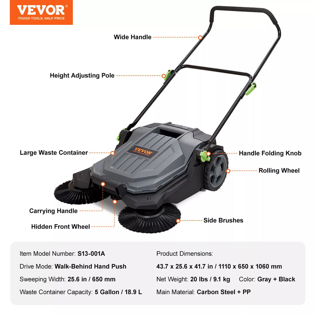 Manual Push Floor Sweeper 25.6" Path 5-Gallon Waste Capacity