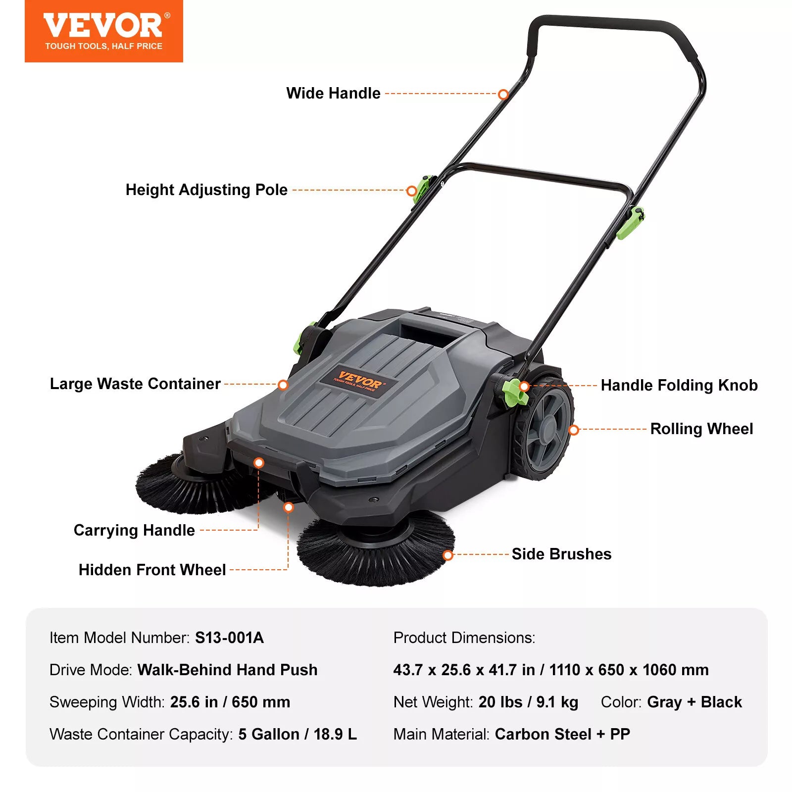 Manual Push Floor Sweeper 25.6" Path 5-Gallon Waste Capacity