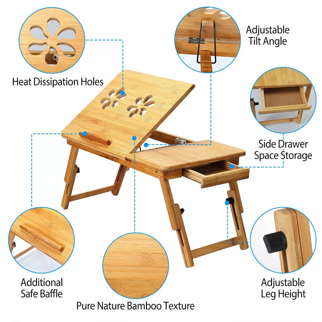 Adjustable Bamboo Laptop Desk Folding Stand for Bed & Sofa