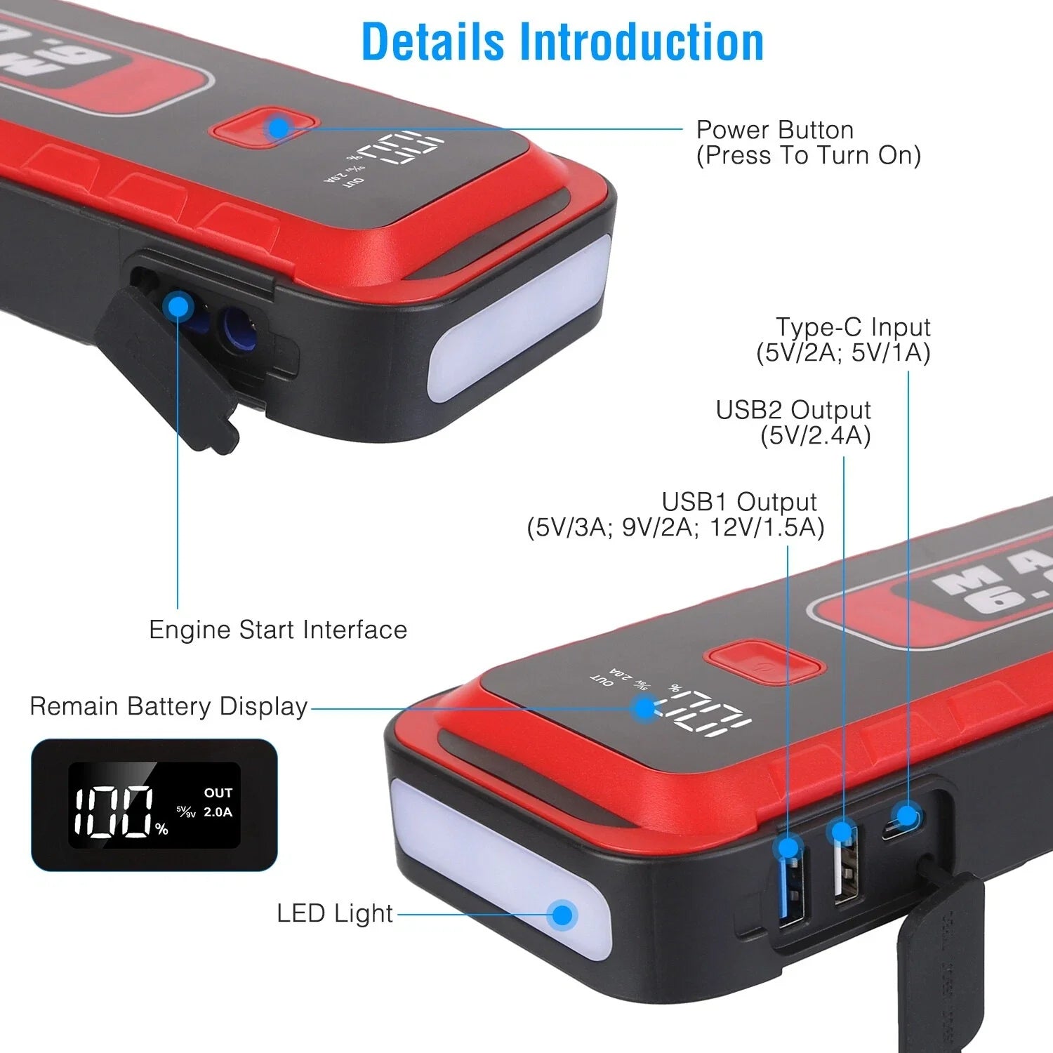 Portable 2500A Car Jump Starter 25800mAh Battery Pack USB LED Light