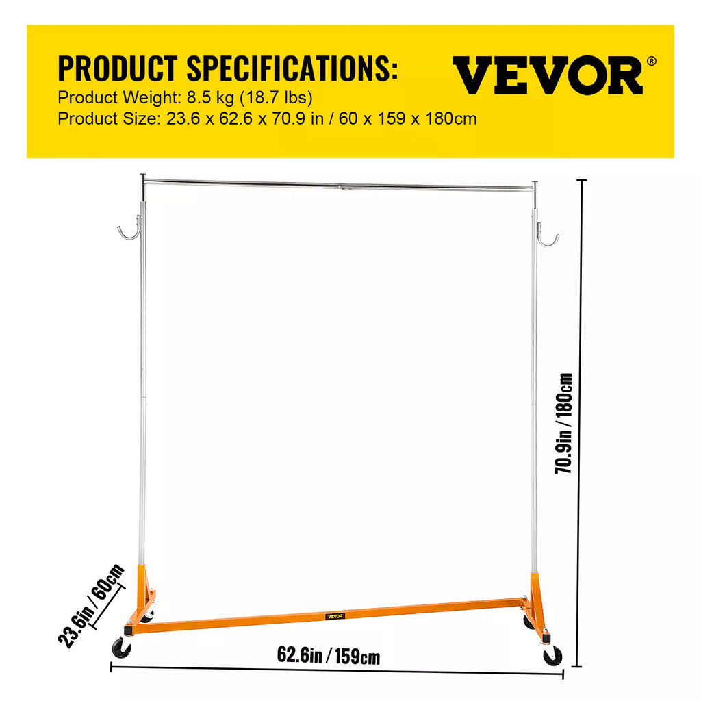71" Heavy-Duty Rolling Garment Rack Z-Base 300lbs Capacity