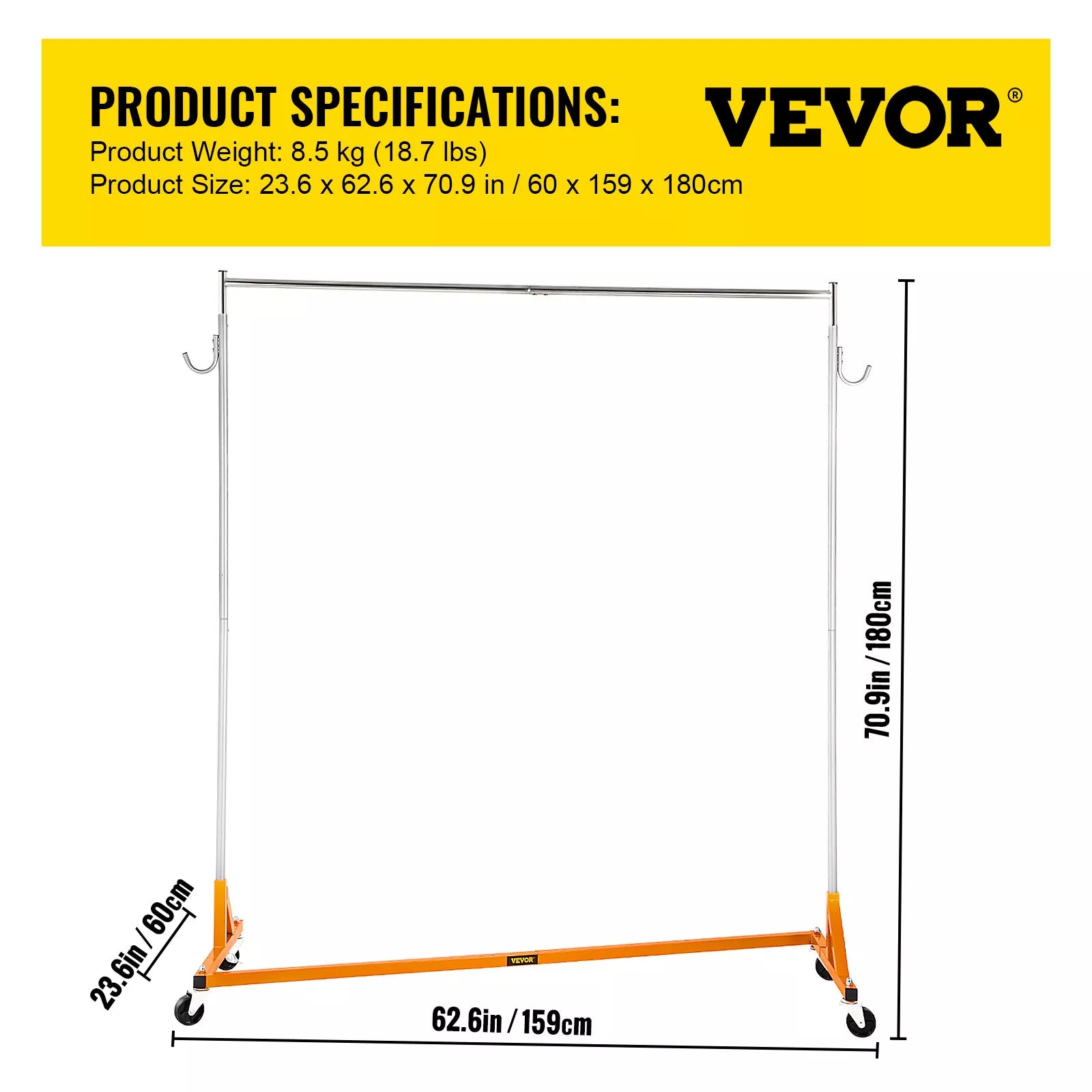 71" Heavy-Duty Rolling Garment Rack Z-Base 300lbs Capacity