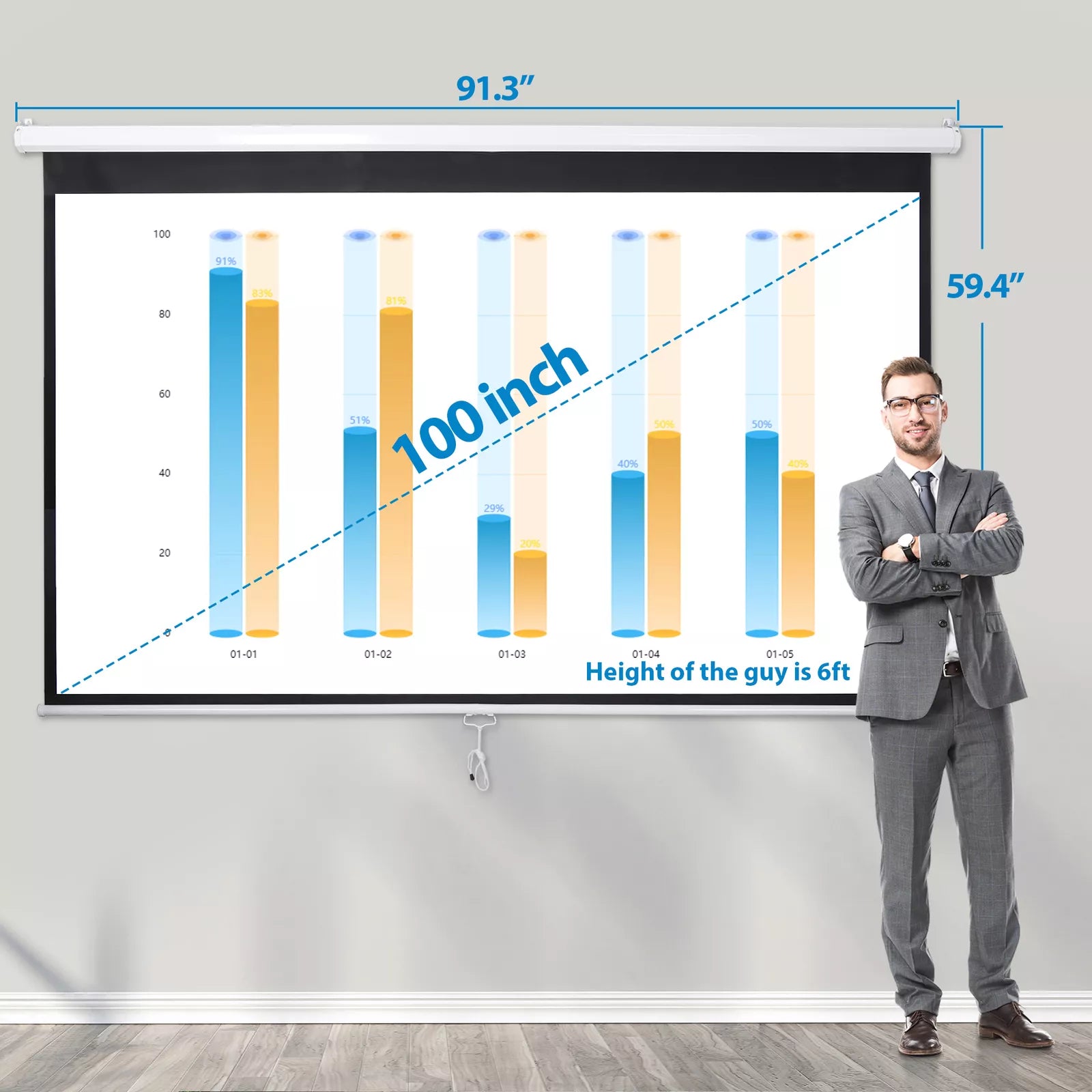 100" 16:9 HD Pull Down Projector Screen Home Office Use