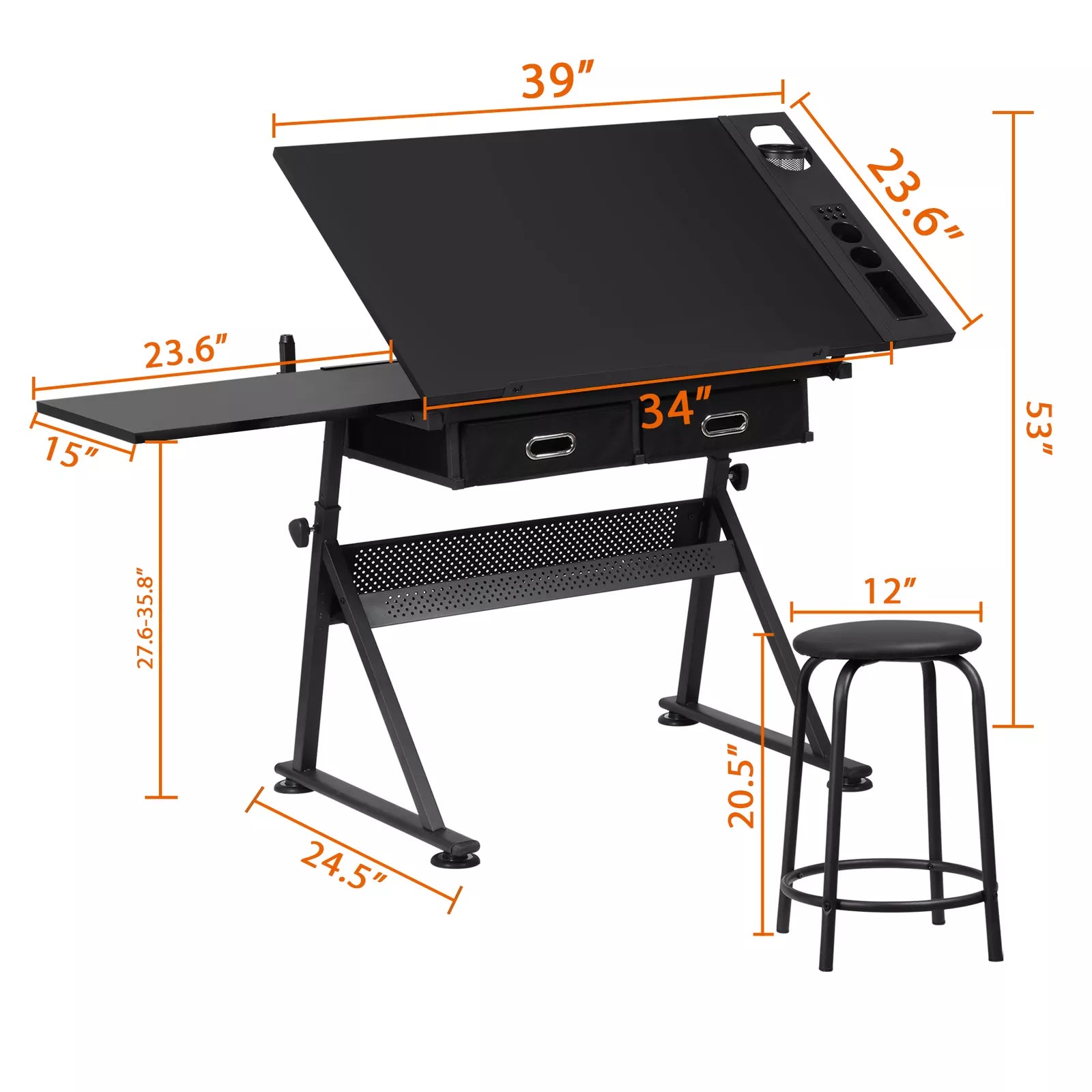 Tilting Adjustable Art Desk Storage Drawers and Stool