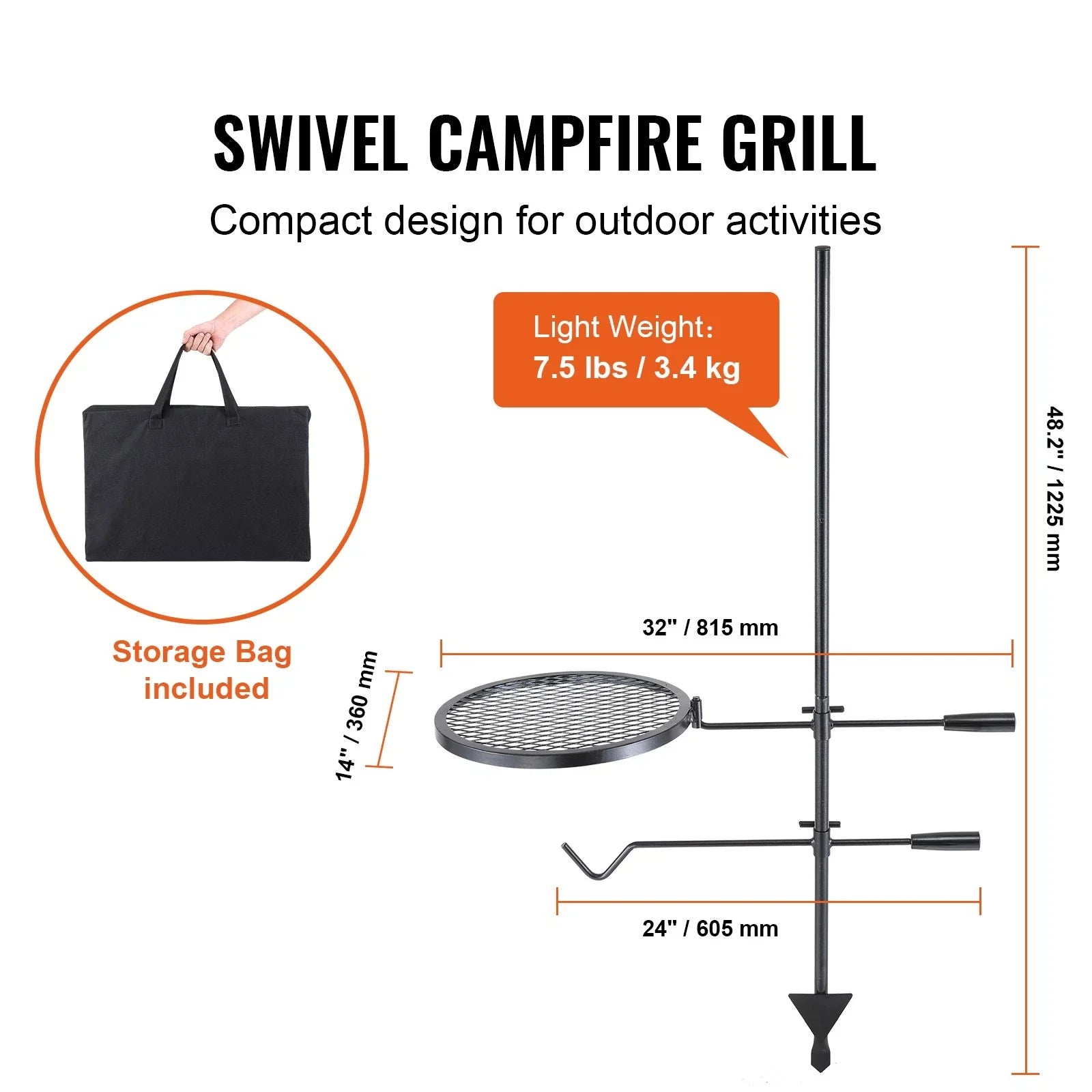 Heavy Duty Swivel Campfire Grill Steel Open Fire Cooking Grate Stand