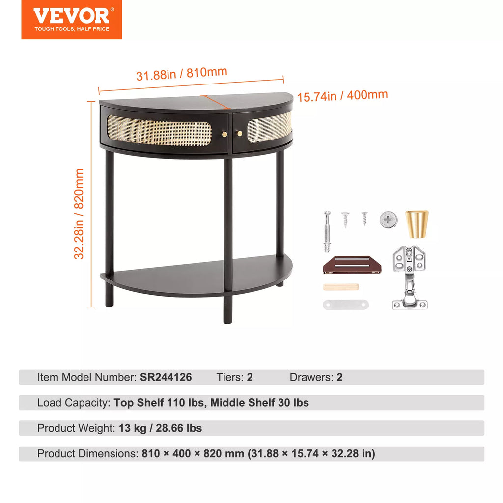 Black Half-Moon Rattan Console Table with Drawers