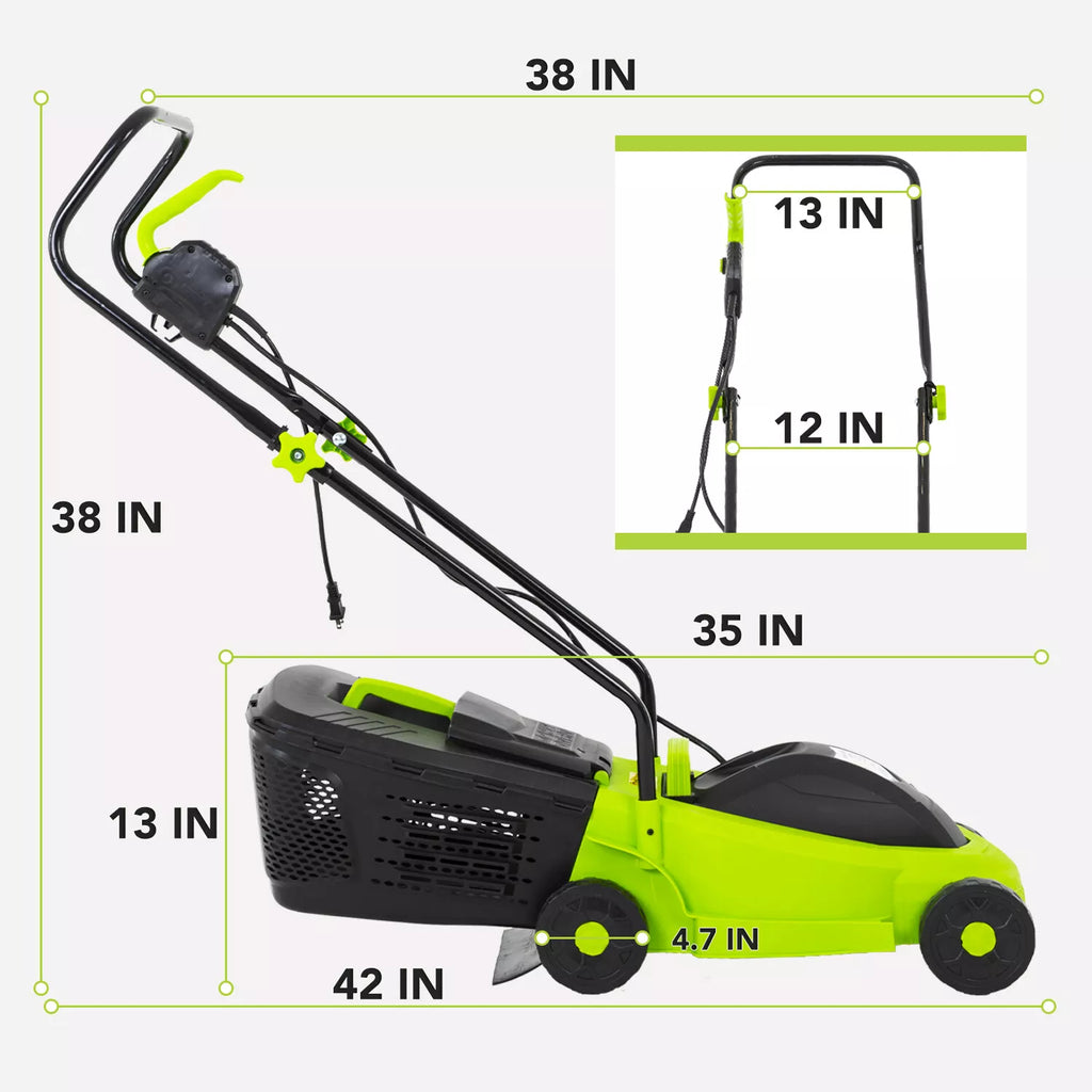 13-Inch Corded Electric Lawn Mower with 12 Amp Motor and 3 Height Settings