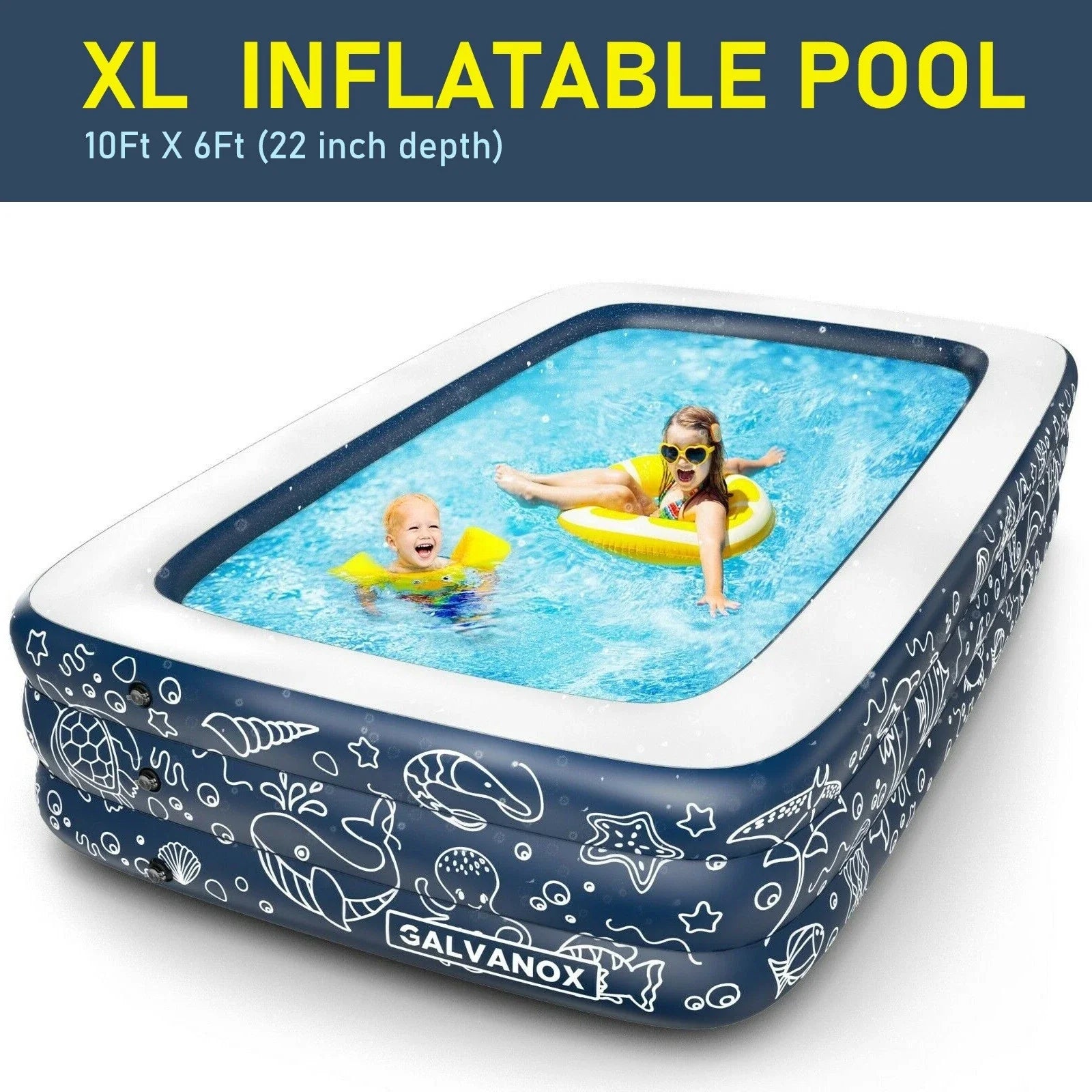 10FT Extra Large Inflatable Kiddie Pool with Thick PVC & Repair Kit