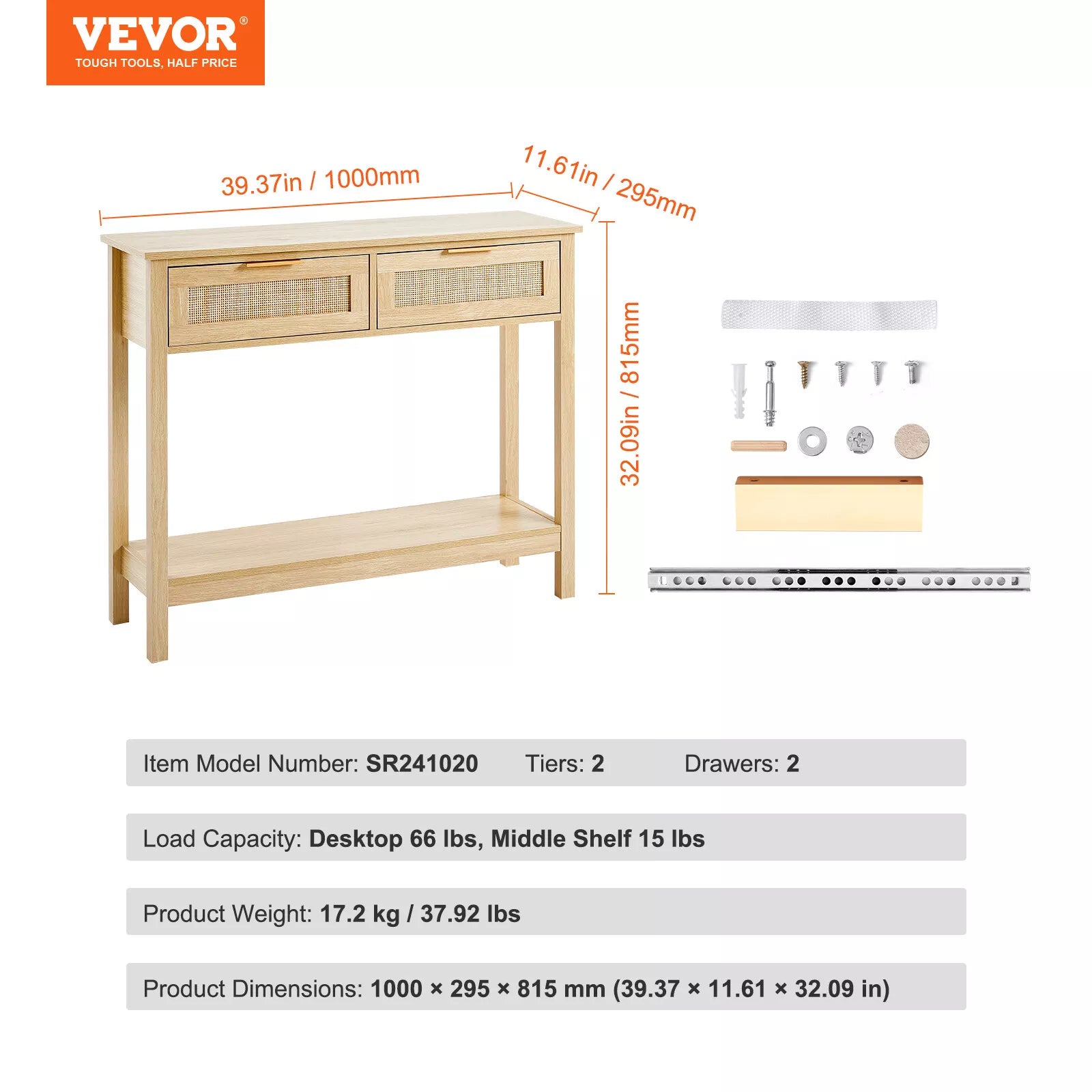 Natural Rattan Console Table Storage Drawers Sliding Door