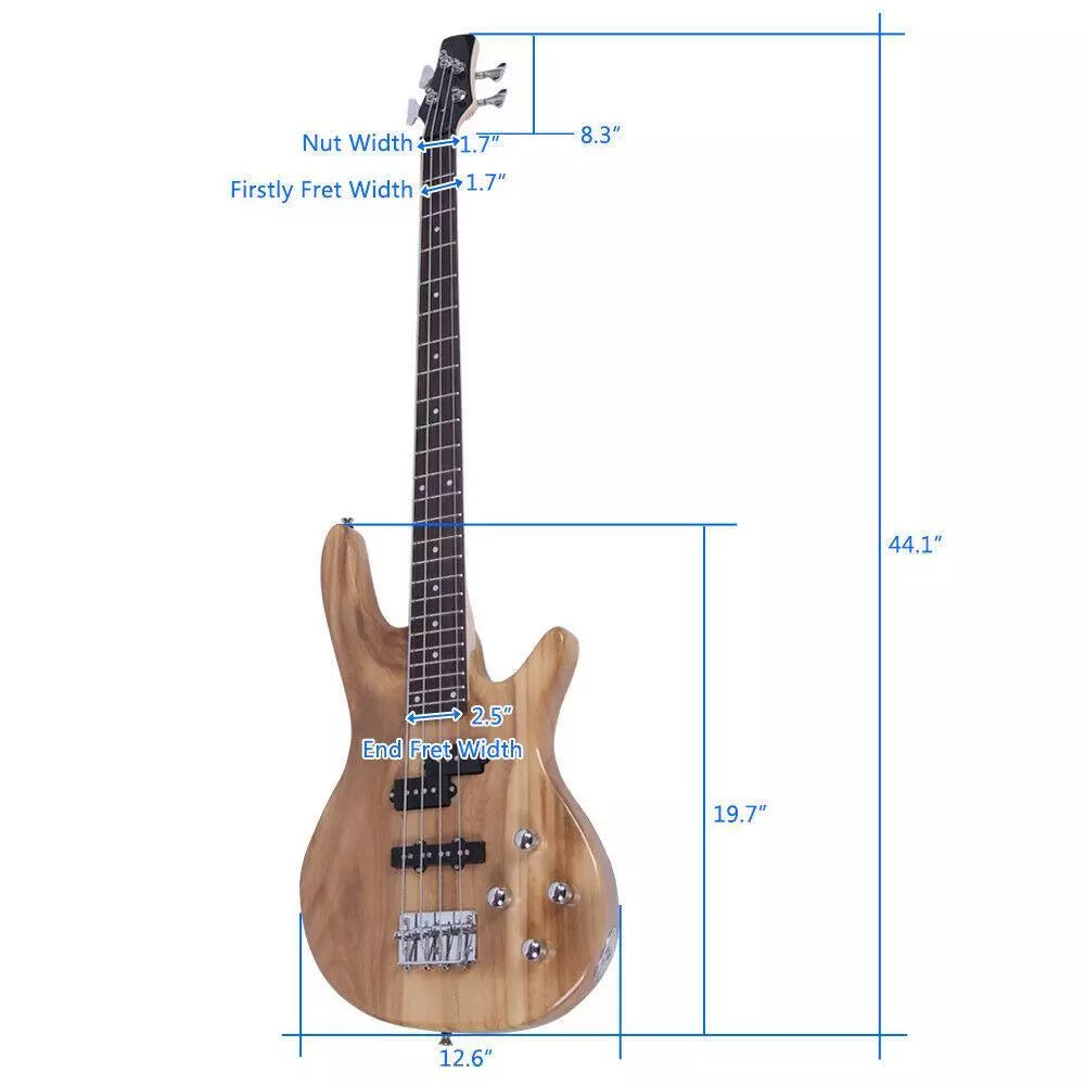 4-String Natural Wood Electric Bass Guitar with 34" Scale, Cable & Tool