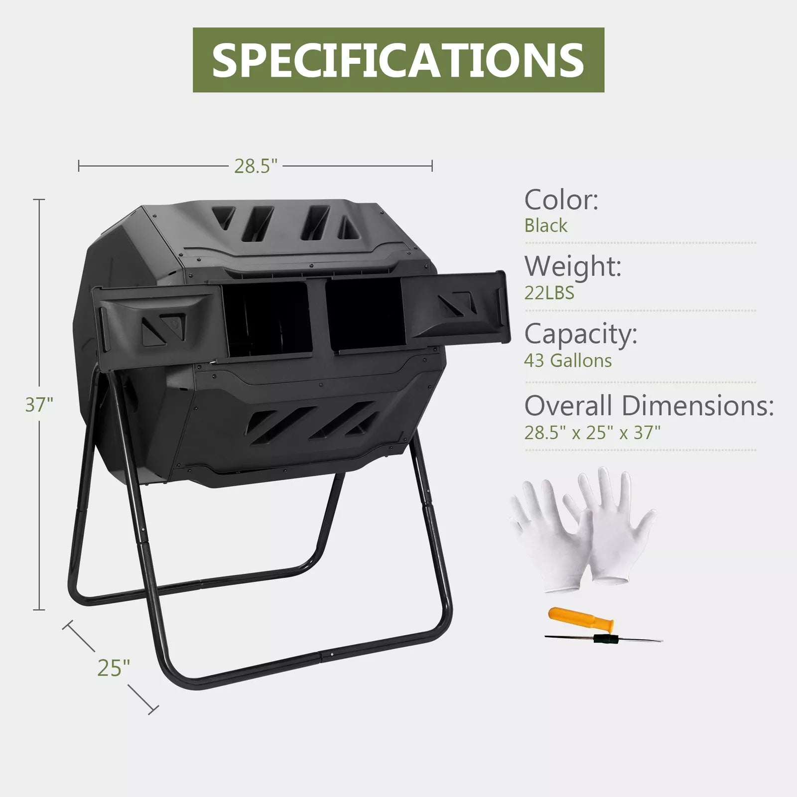 43 Gallon Outdoor Dual Compost Tumbler Bin with Rotating Chambers