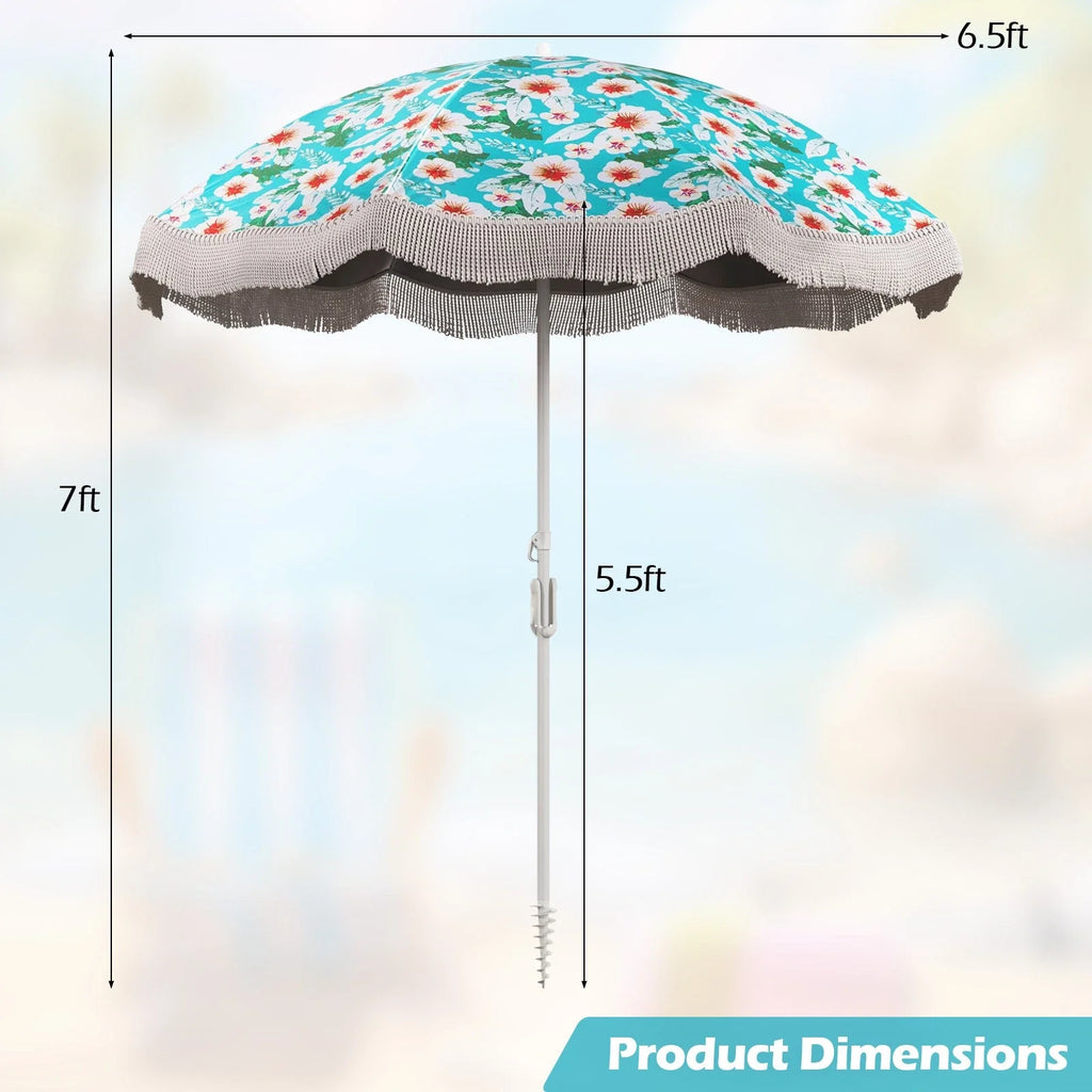 6.5 Ft Patio Fringe Umbrella with Adjustable Tilt & Carry Bag Green