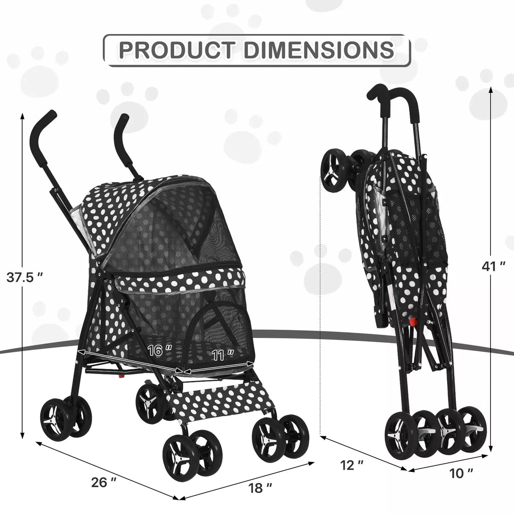 Polka Dot Foldable Pet Stroller with Mesh and Storage Basket