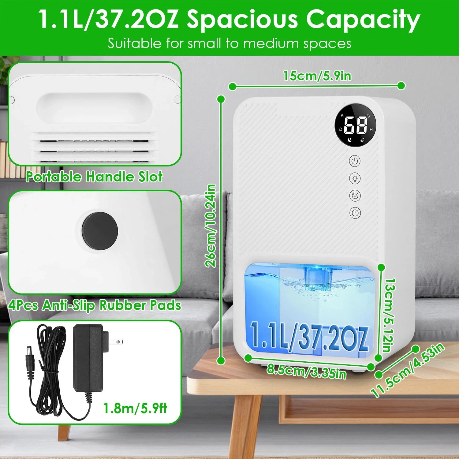 Portable Dehumidifier 1.1L Tank LED Touch Timer for Home Use