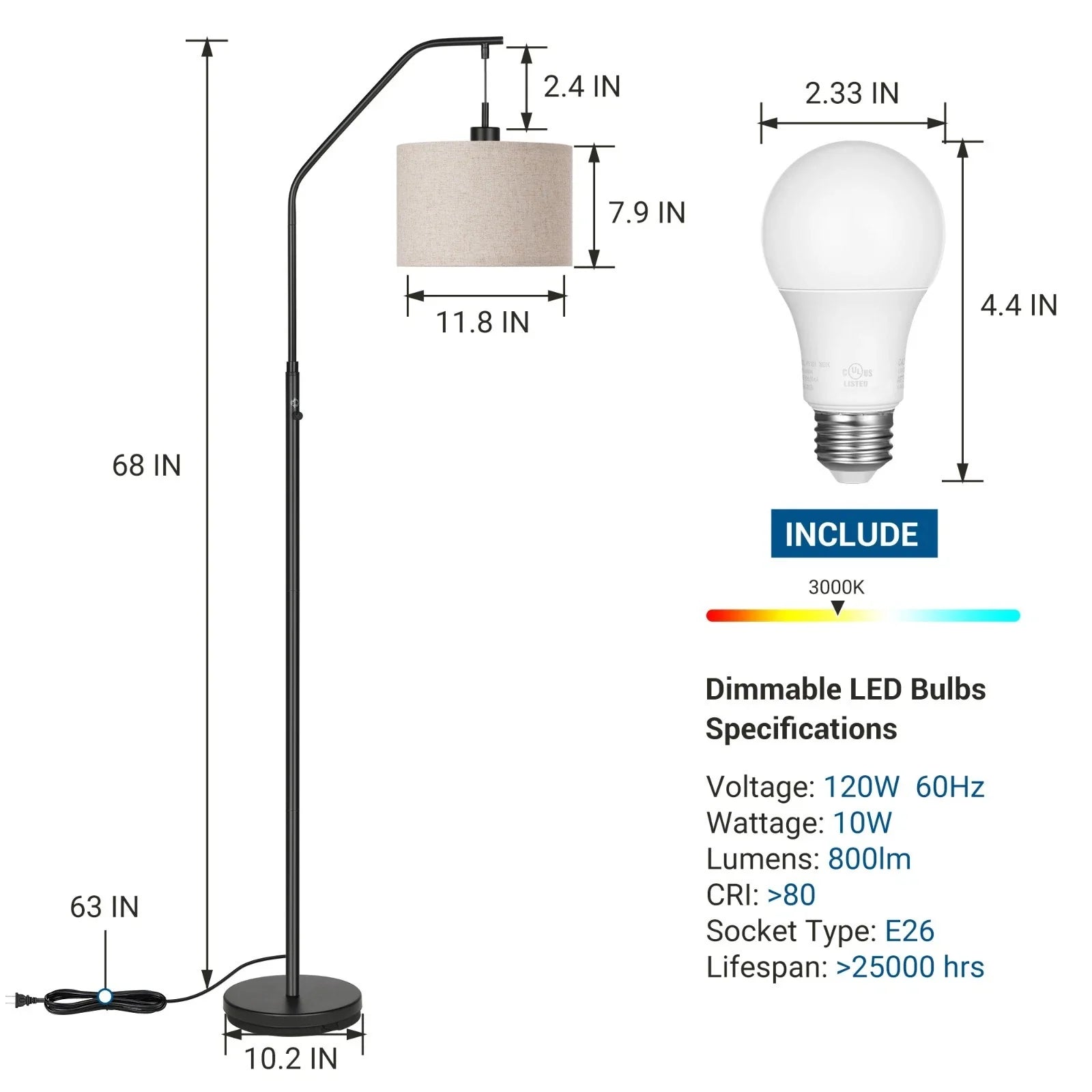 Arched Floor Lamp with Dimmable LED, Hanging Drum Shade, Black Kit LED