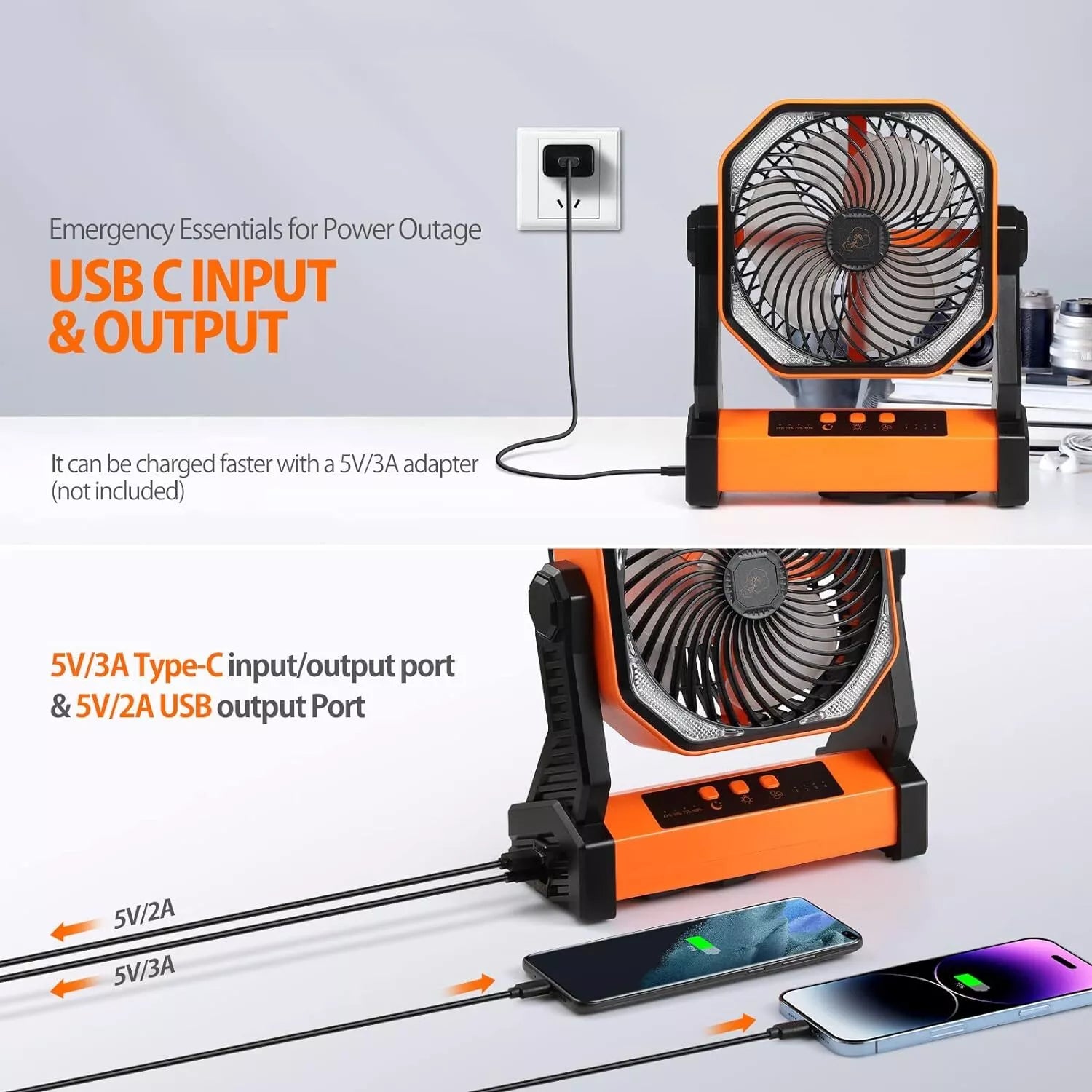22000mAh Portable Camping Fan with LED Light Hook & USB Charging