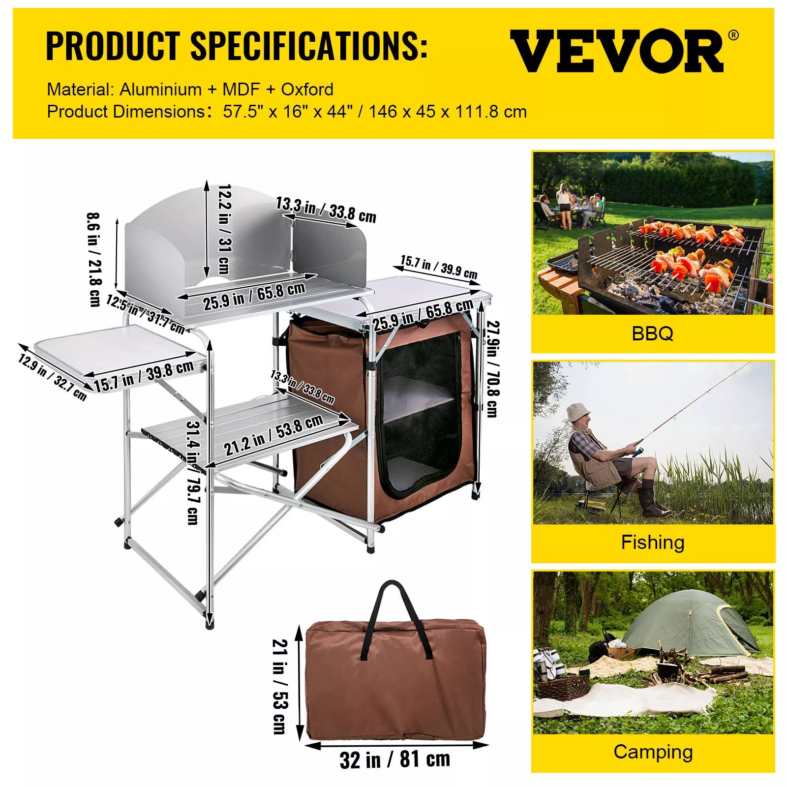 Folding Camp Kitchen Table with Windshield and 2-Tier Storage Shelf
