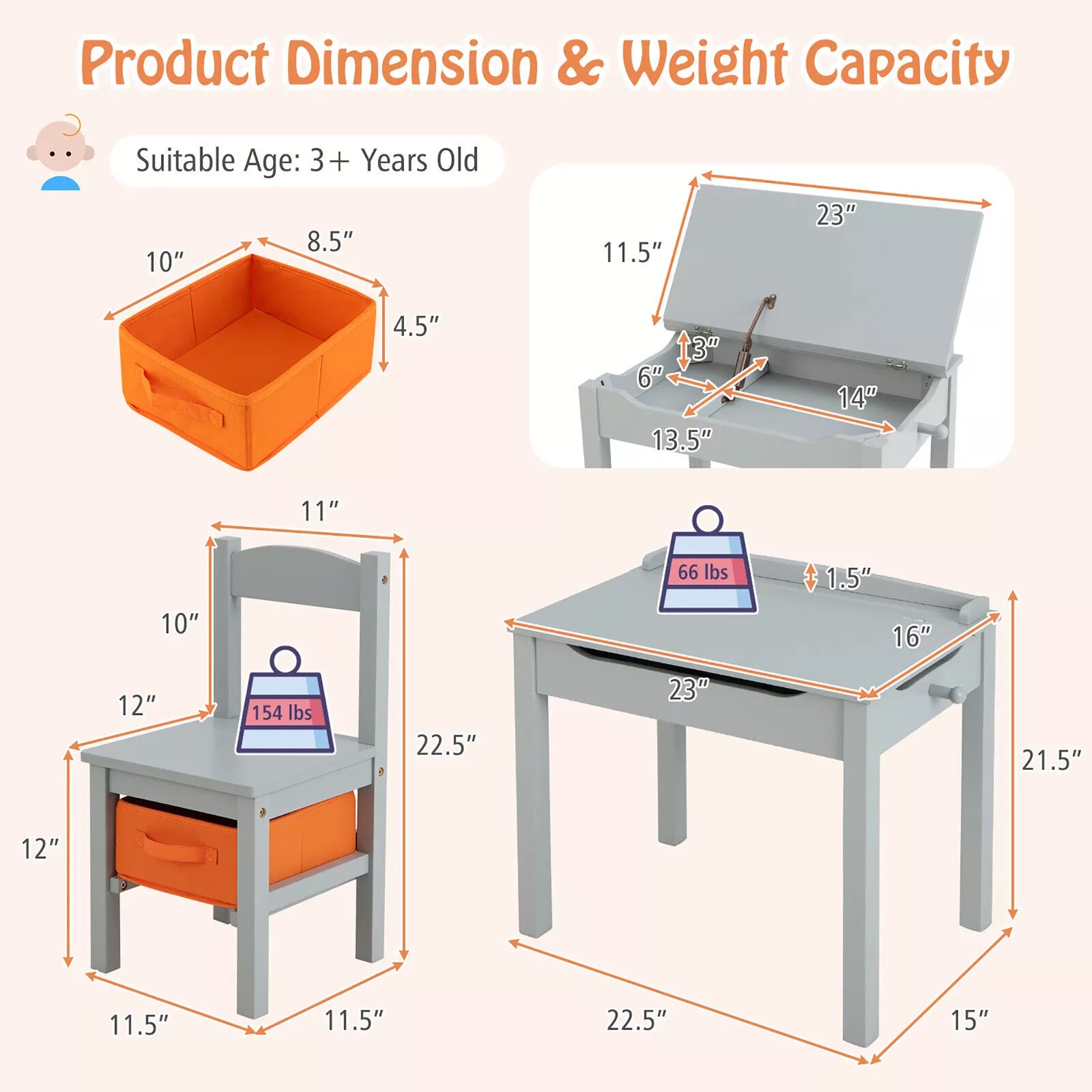 Kids Wooden Table and Chair Set with Flip-Top Desk & Storage
