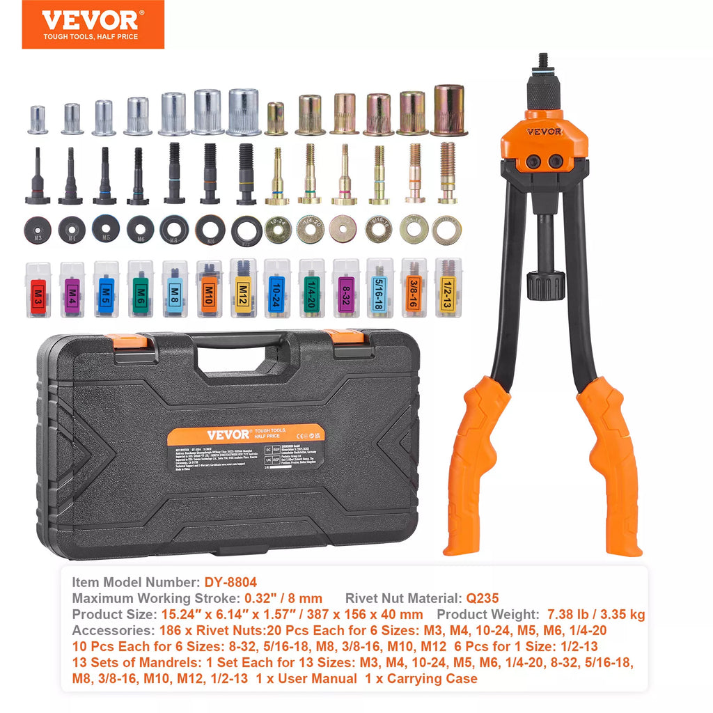 16" Rivet Nut Tool Set with 13 Mandrels and 186 Rivet Nuts