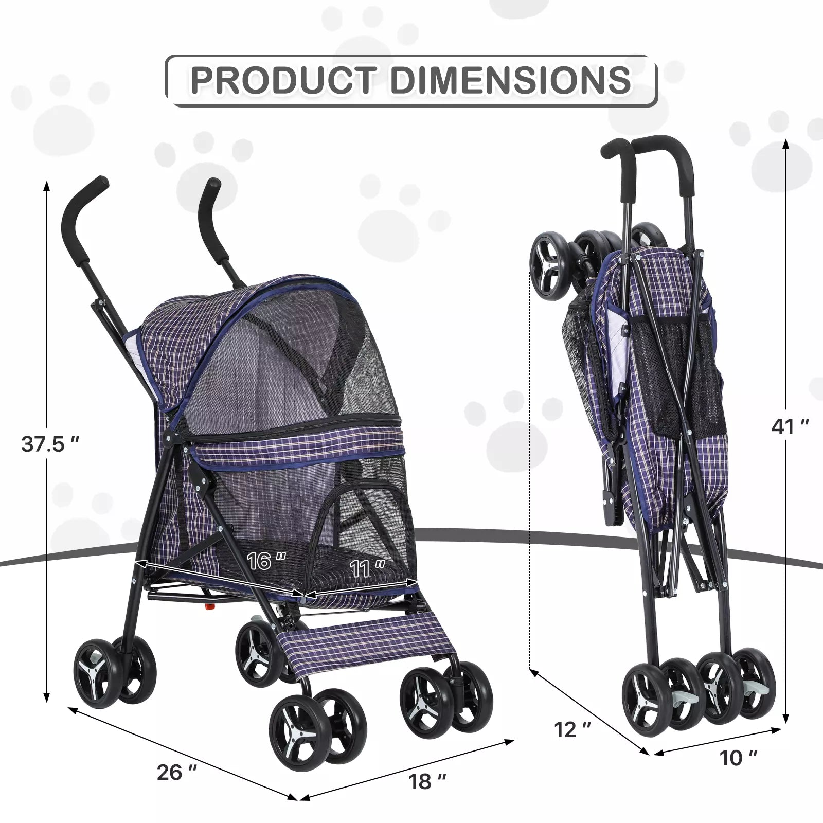 Foldable 4-Wheel Pet Stroller with Mesh Canopy and Rear Storage Basket