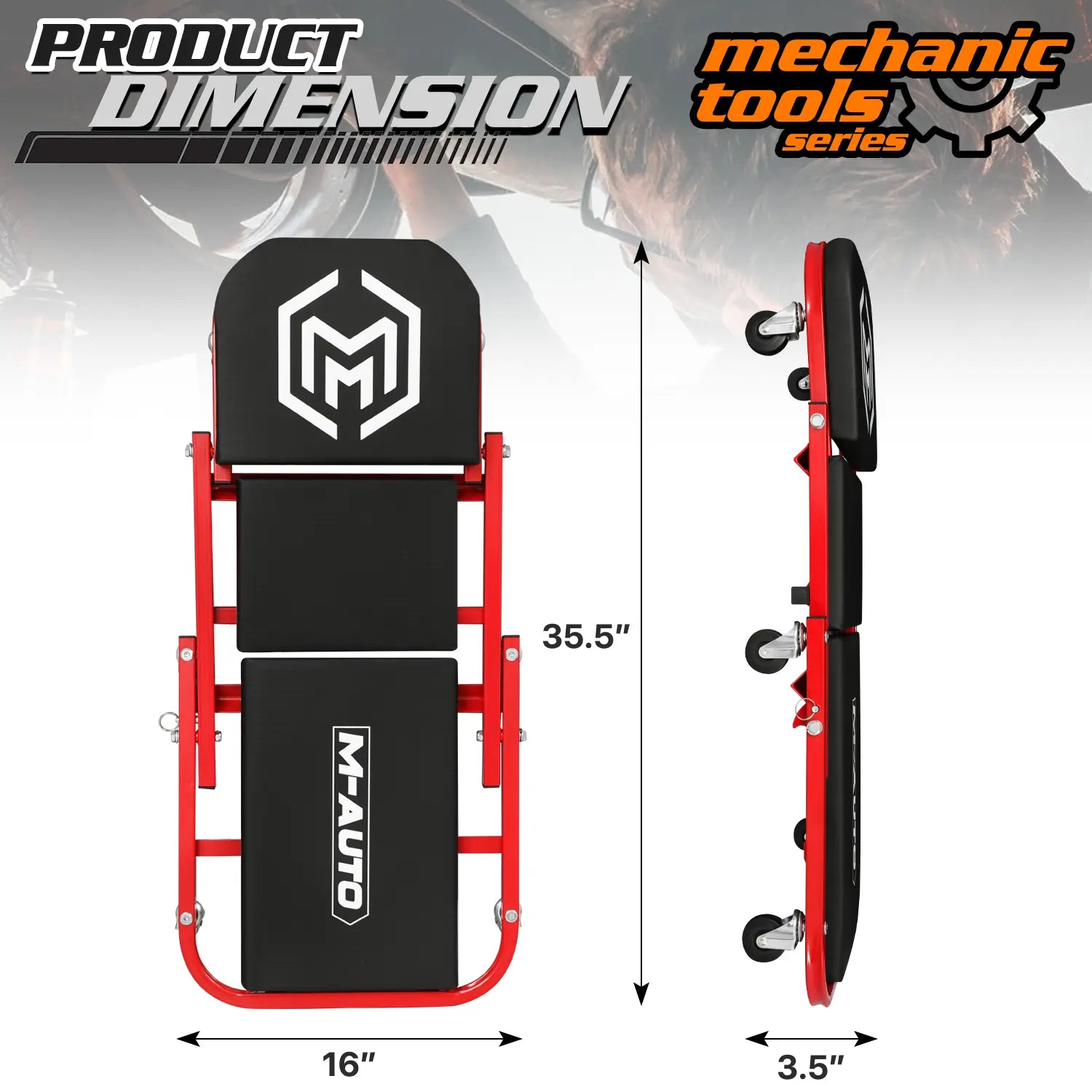 36" Red Foldable Mechanic Creeper and Upholstered Seat
