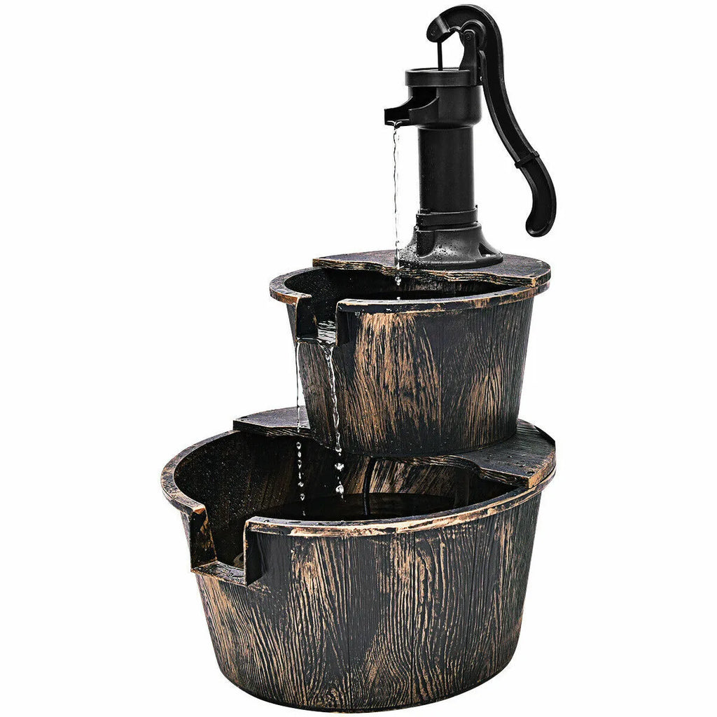 Outdoor 2-Tier Barrel Water Fountain with Pump Garden & Patio