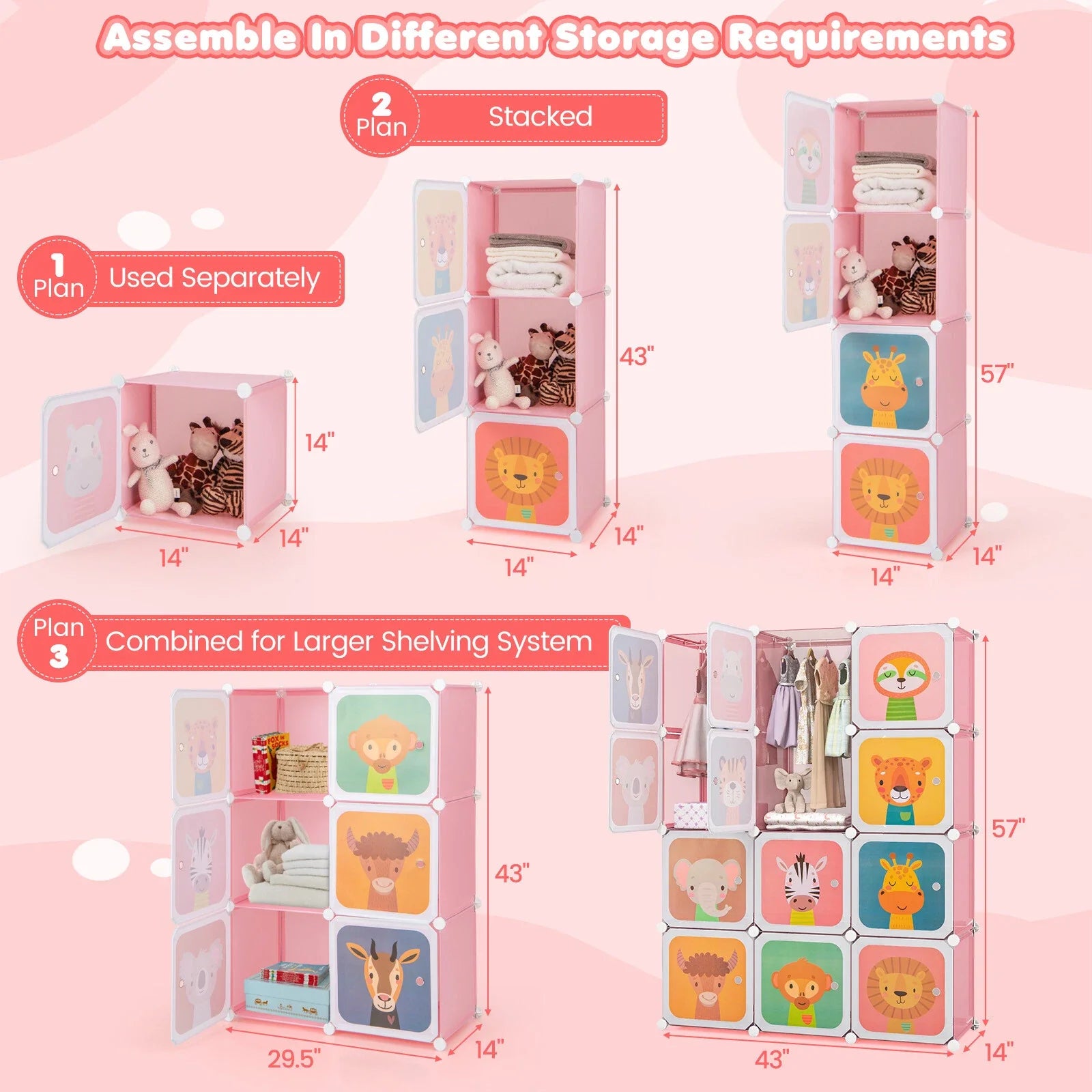 12-Cube Kids Closet Organizer with Hanging Rod & Animal Doors Pink