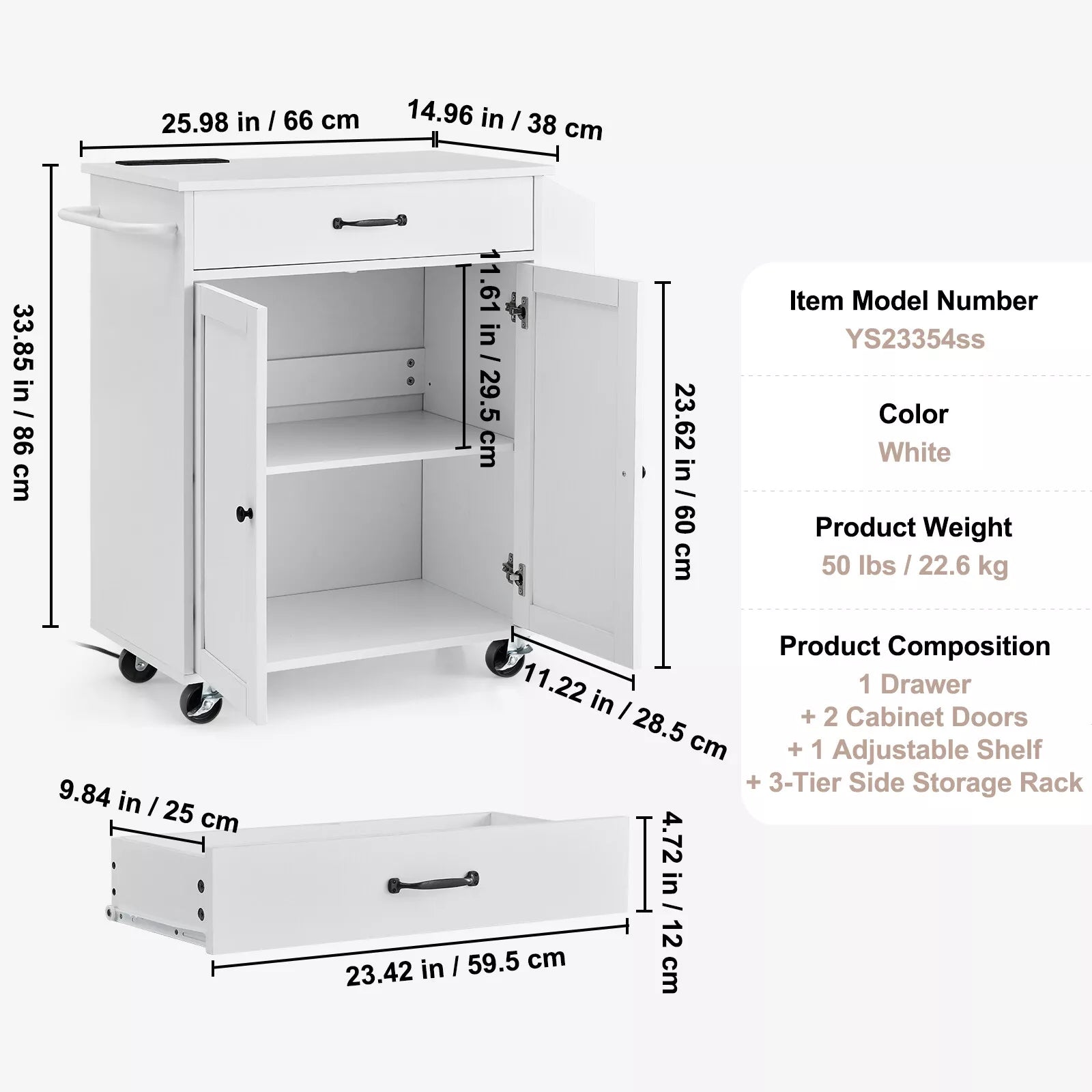 Rolling Kitchen Island Cart Storage Shelves Power Strip