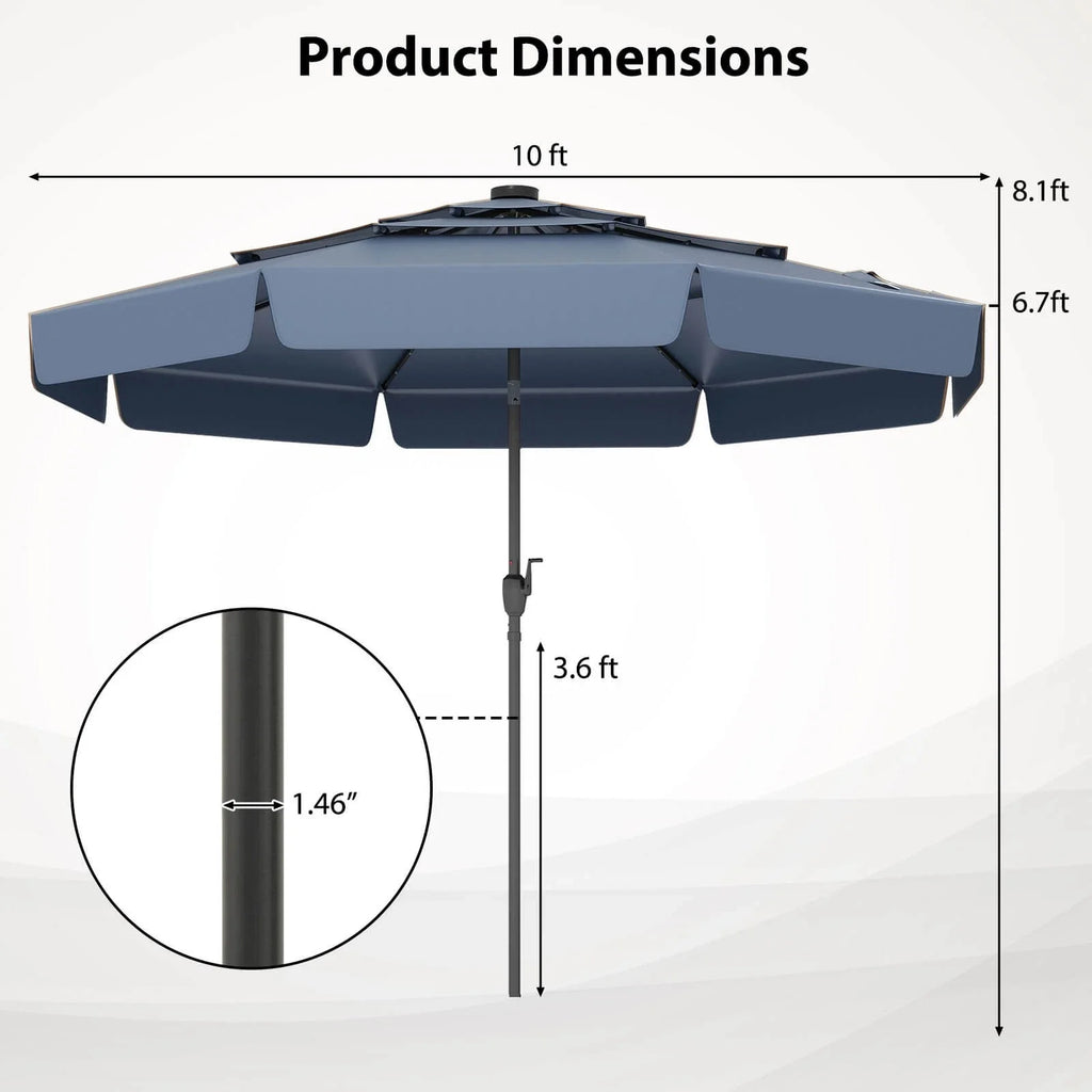 10 FT Solar Patio Umbrella with LED Lights and 3-Tier Vented Design