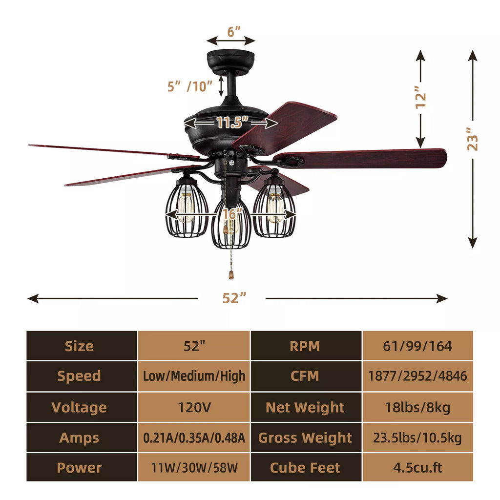 52" Ceiling Fan with Lights Quiet Motor & Reversible Blades