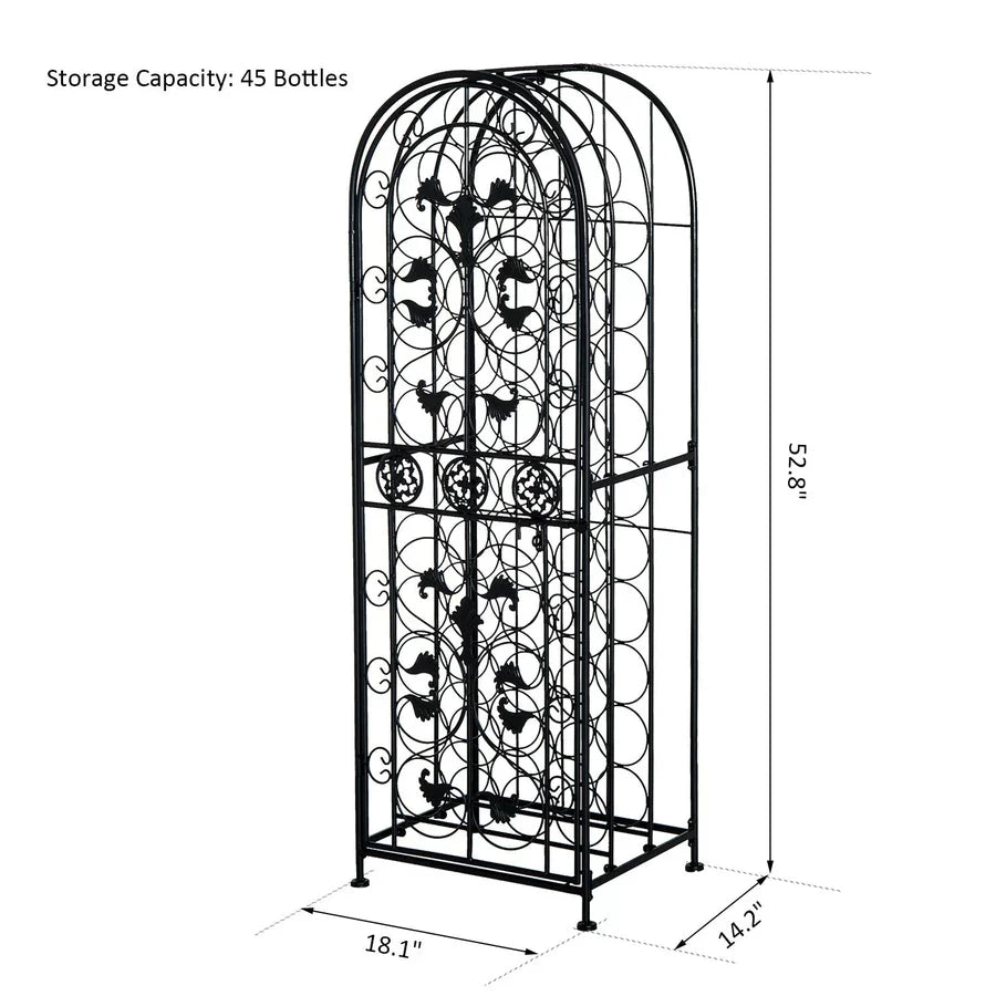 45-Bottle Wrought Iron Wine Rack Jail with Lockable Door Scroll Design