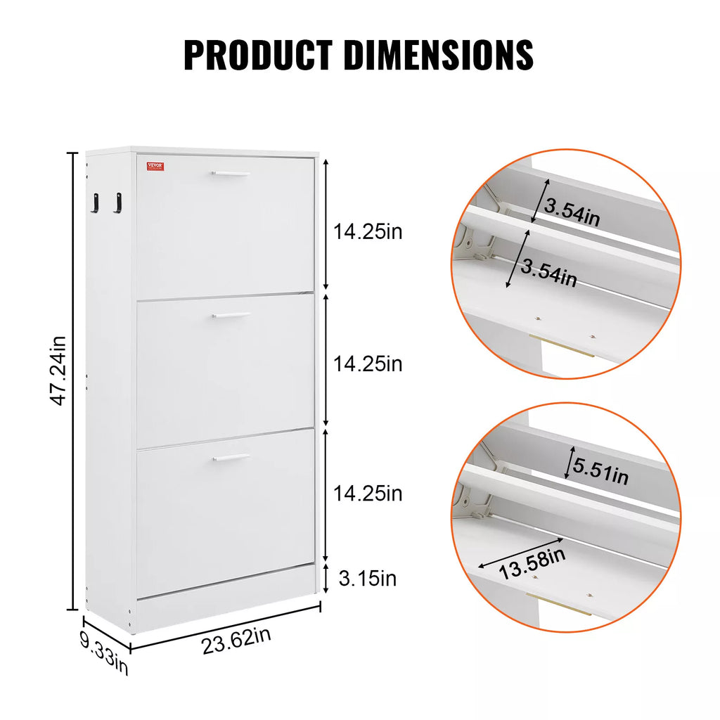 3-Drawer Shoe Cabinet Flip Drawers Storage White