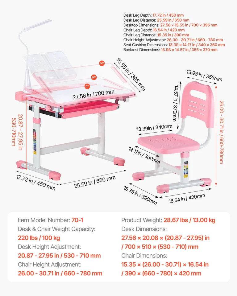 Pink Kids Desk and Chair Set with Adjustable Height and Tilted Desktop
