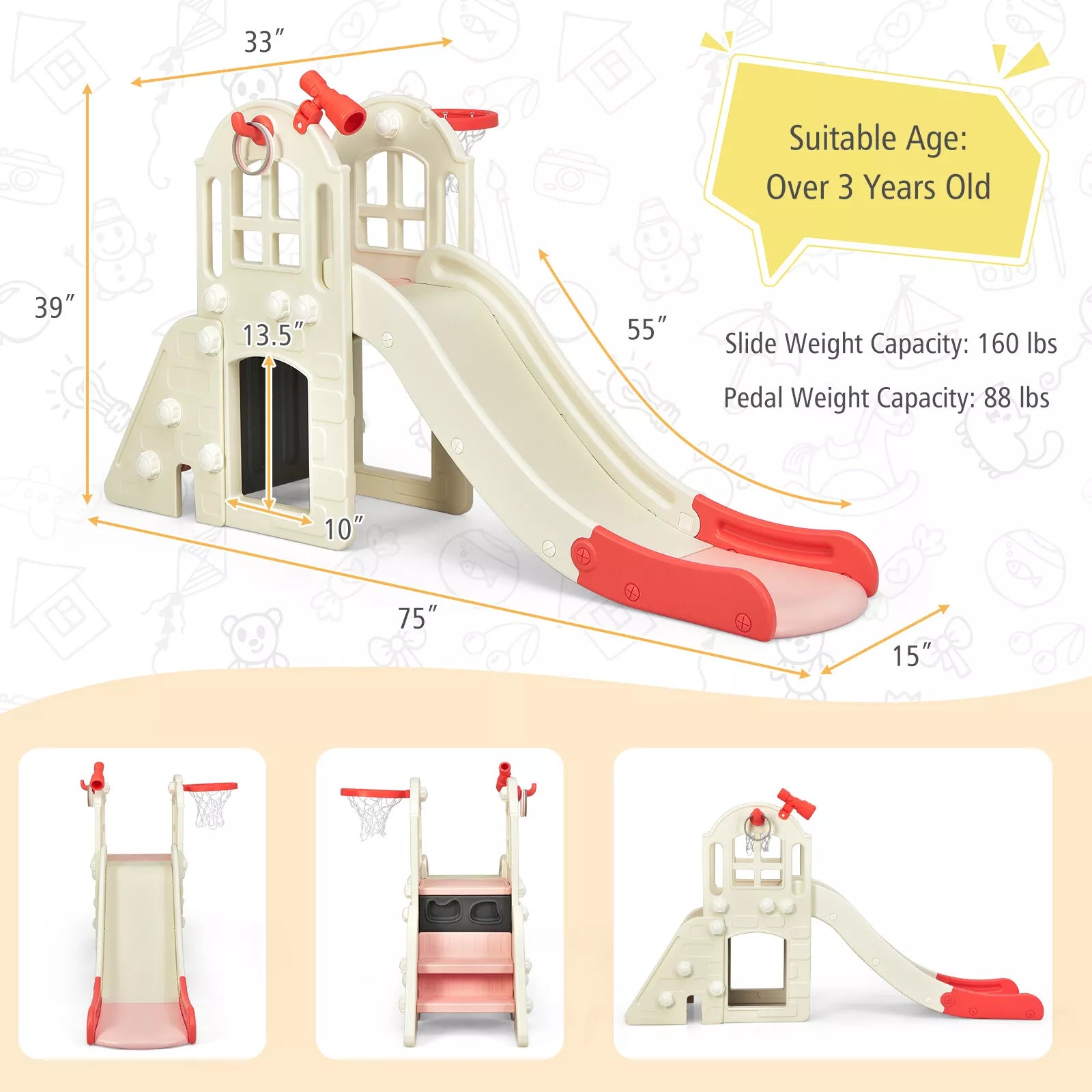 6-in-1 Kids Slide Playset with Climber, Basketball Hoop, and Ring Toss